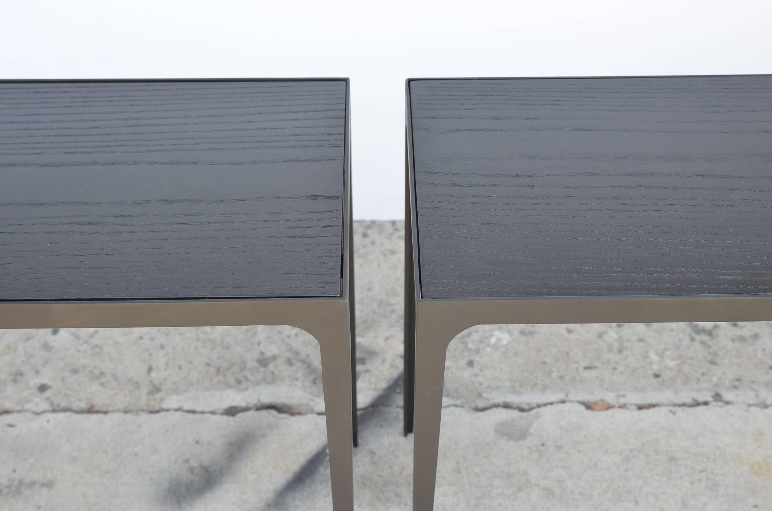 Pair of 'Esquisse' Ebonized Grooved Oak and Iron Side Tables by Design Frères In Excellent Condition In Los Angeles, CA