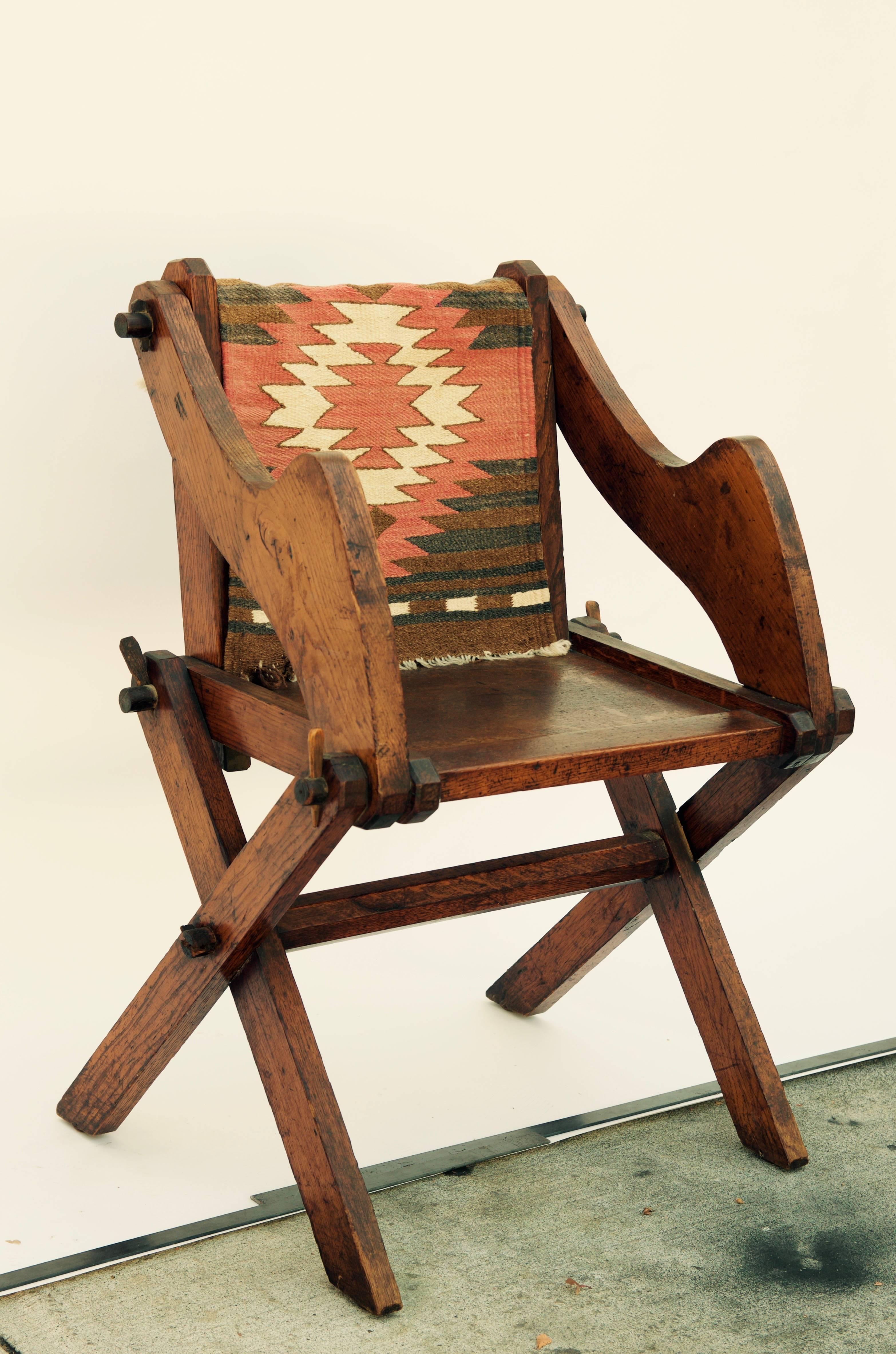 English Unusual Patinated Oak Arts & Crafts Side Chair with Vintage Navajo Fabric