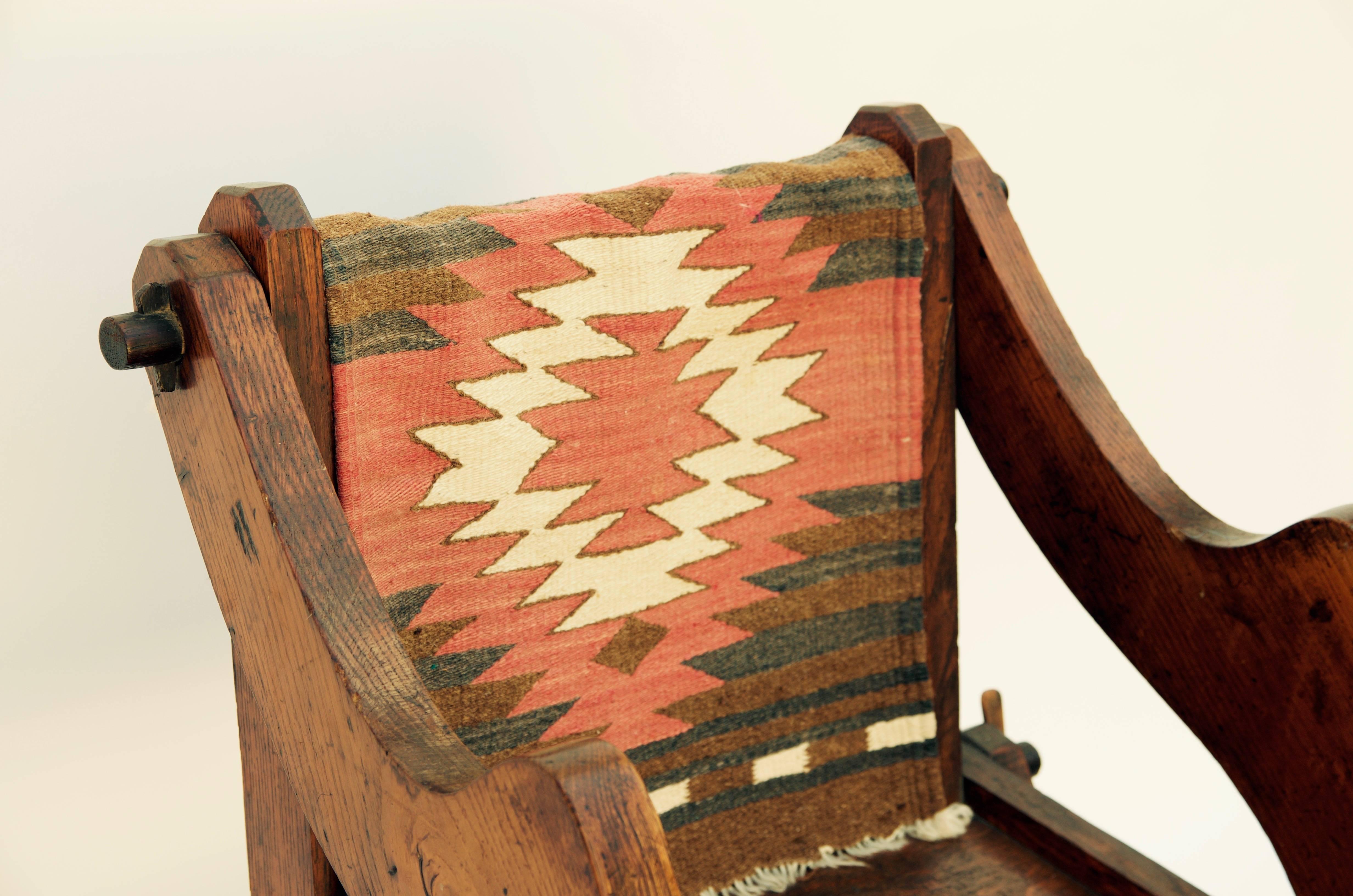 Unusual Patinated Oak Arts & Crafts Side Chair with Vintage Navajo Fabric In Good Condition In Los Angeles, CA