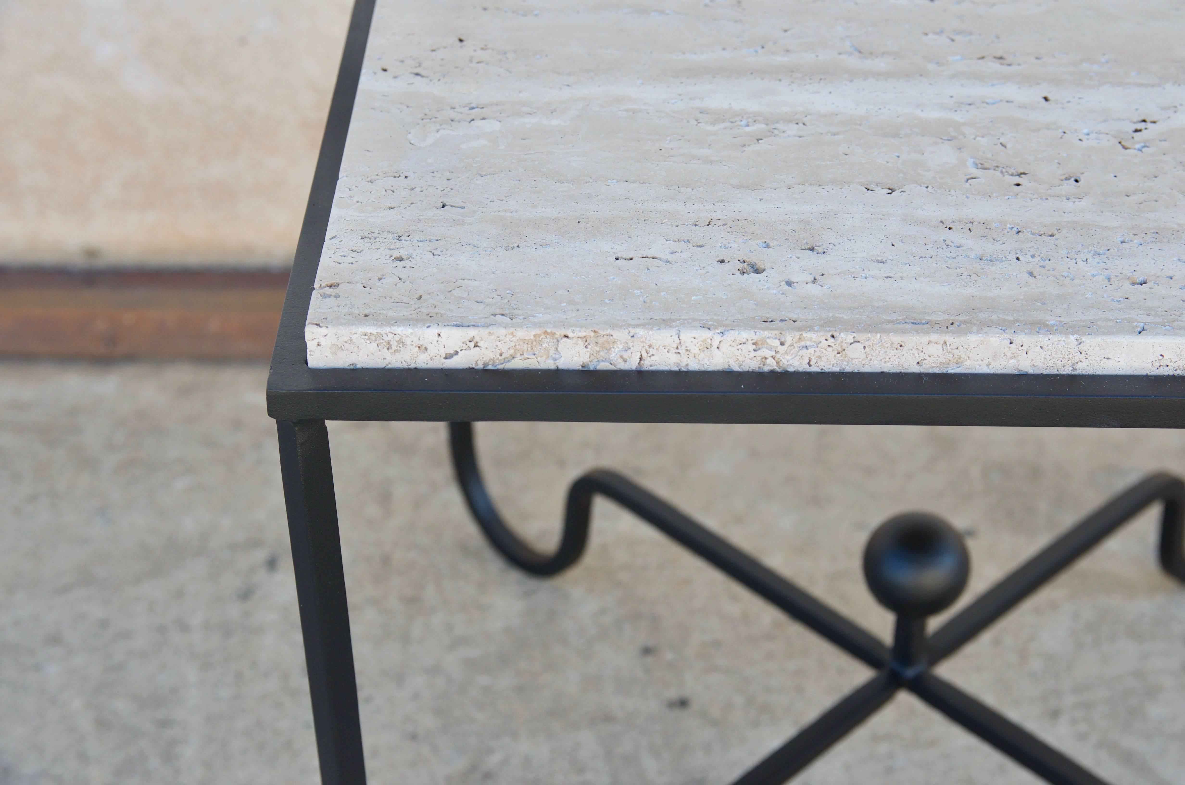 Pair of Entretoise Travertine Tables in the Style of Mathieu Matégot 1