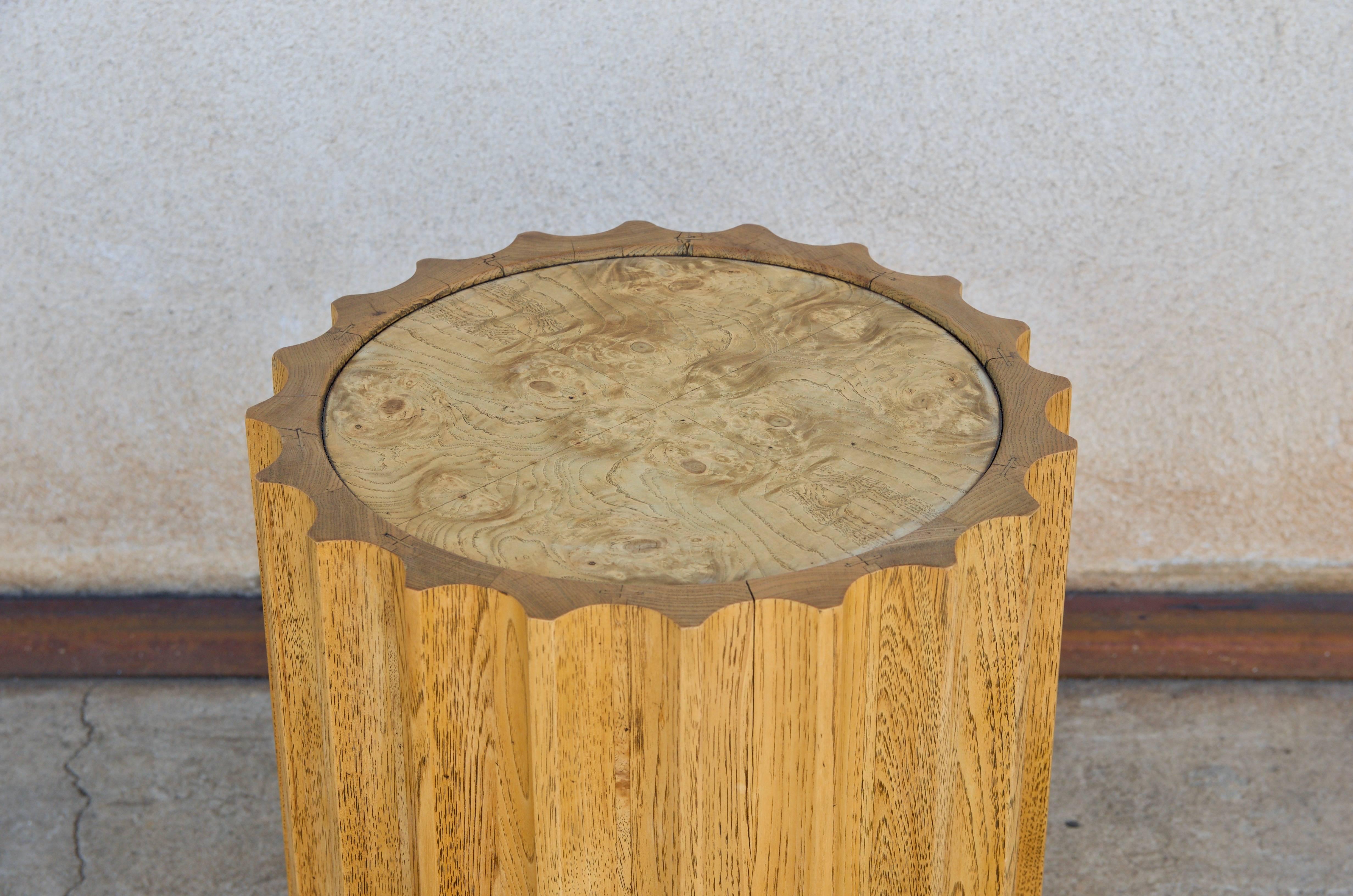 American Rare Oak and Burl Wood Sculpted Column Side Table by Drexel