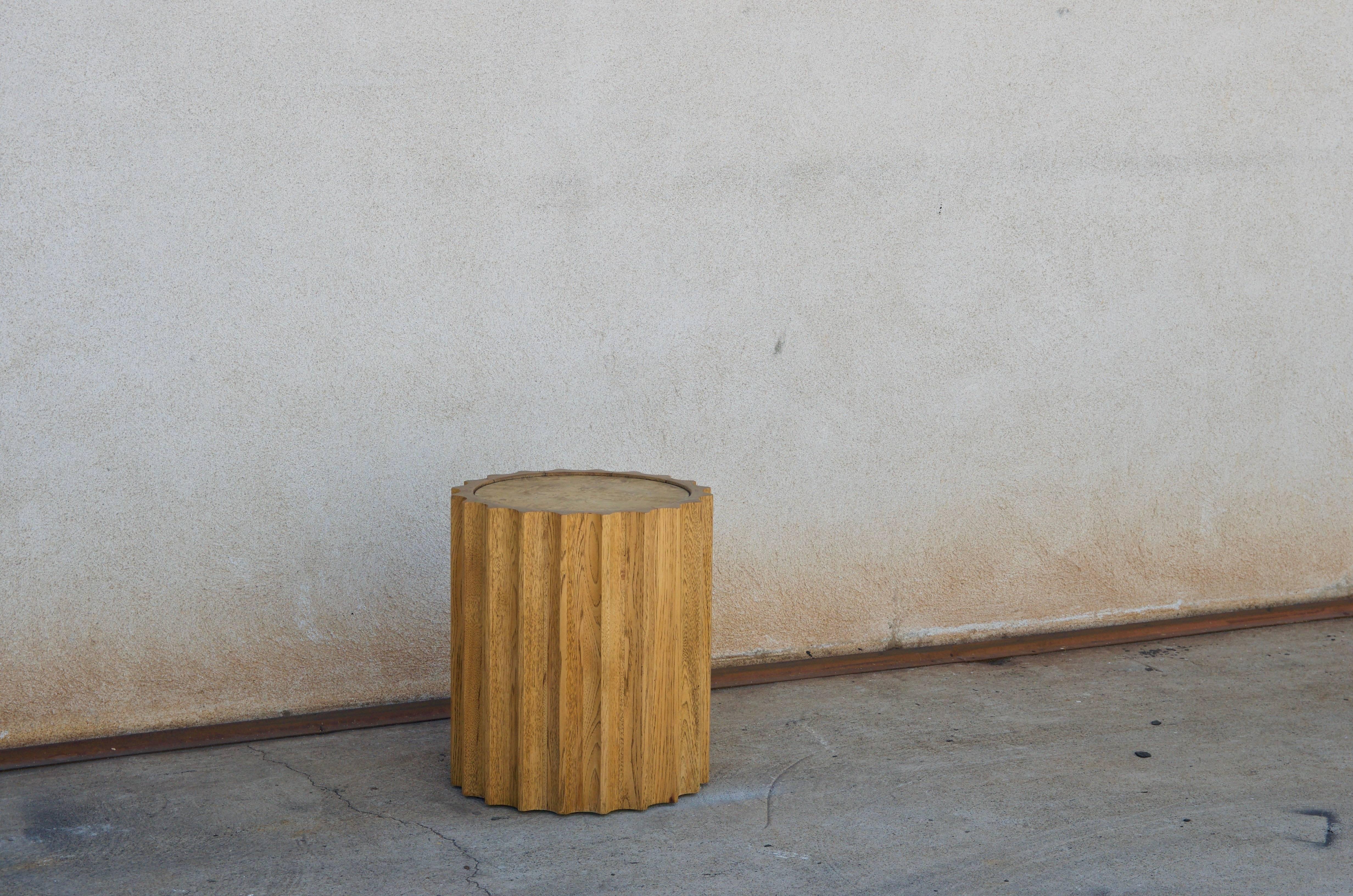 Mid-Century Modern Rare Oak and Burl Wood Sculpted Column Side Table by Drexel