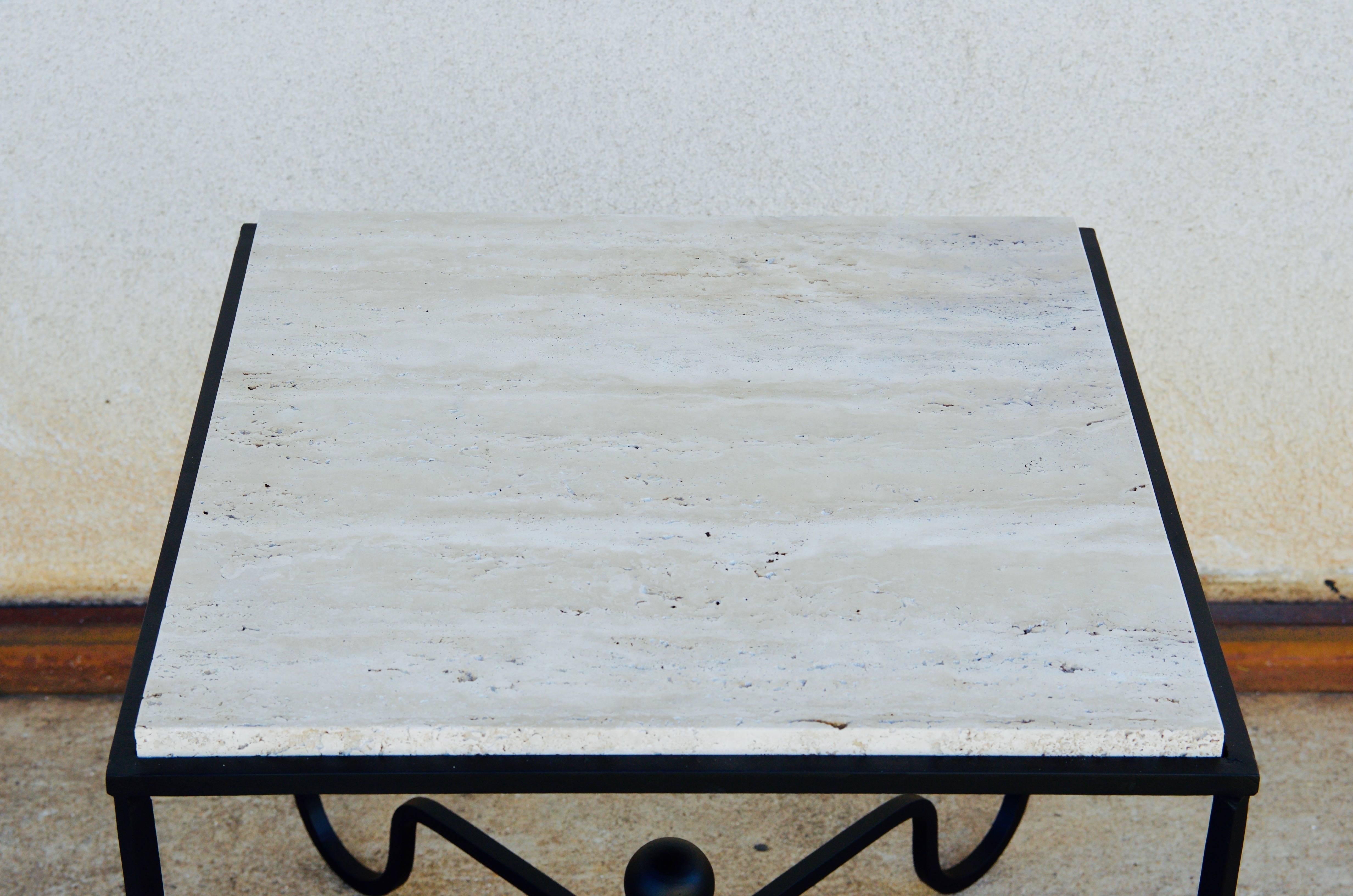 Pair of Wrought Iron and Travertine Side Tables in the Style of Mathieu Matégot In Excellent Condition In Los Angeles, CA