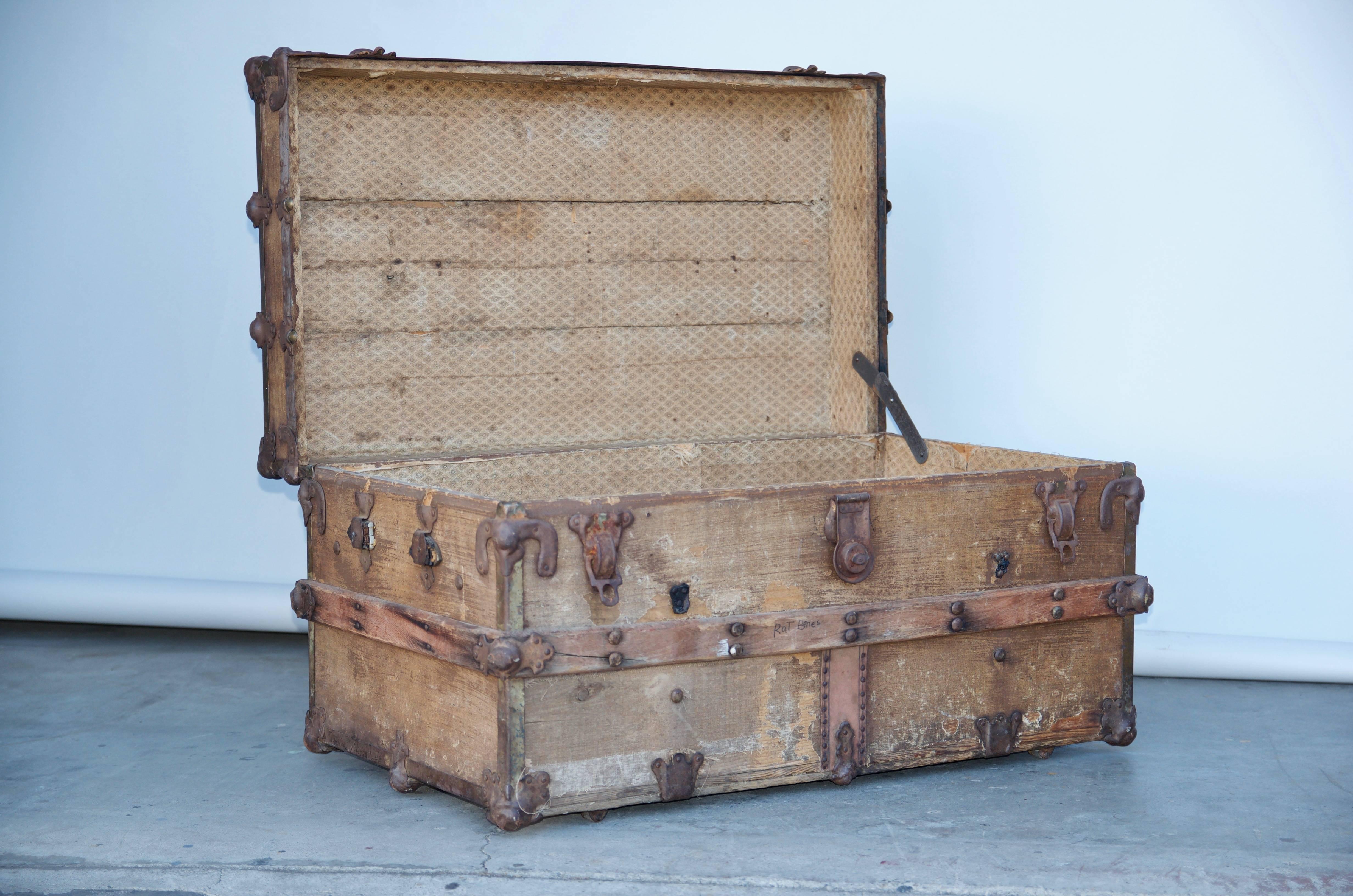 Antique Weathered Leather and Steel Clad Trunk In Distressed Condition In Los Angeles, CA