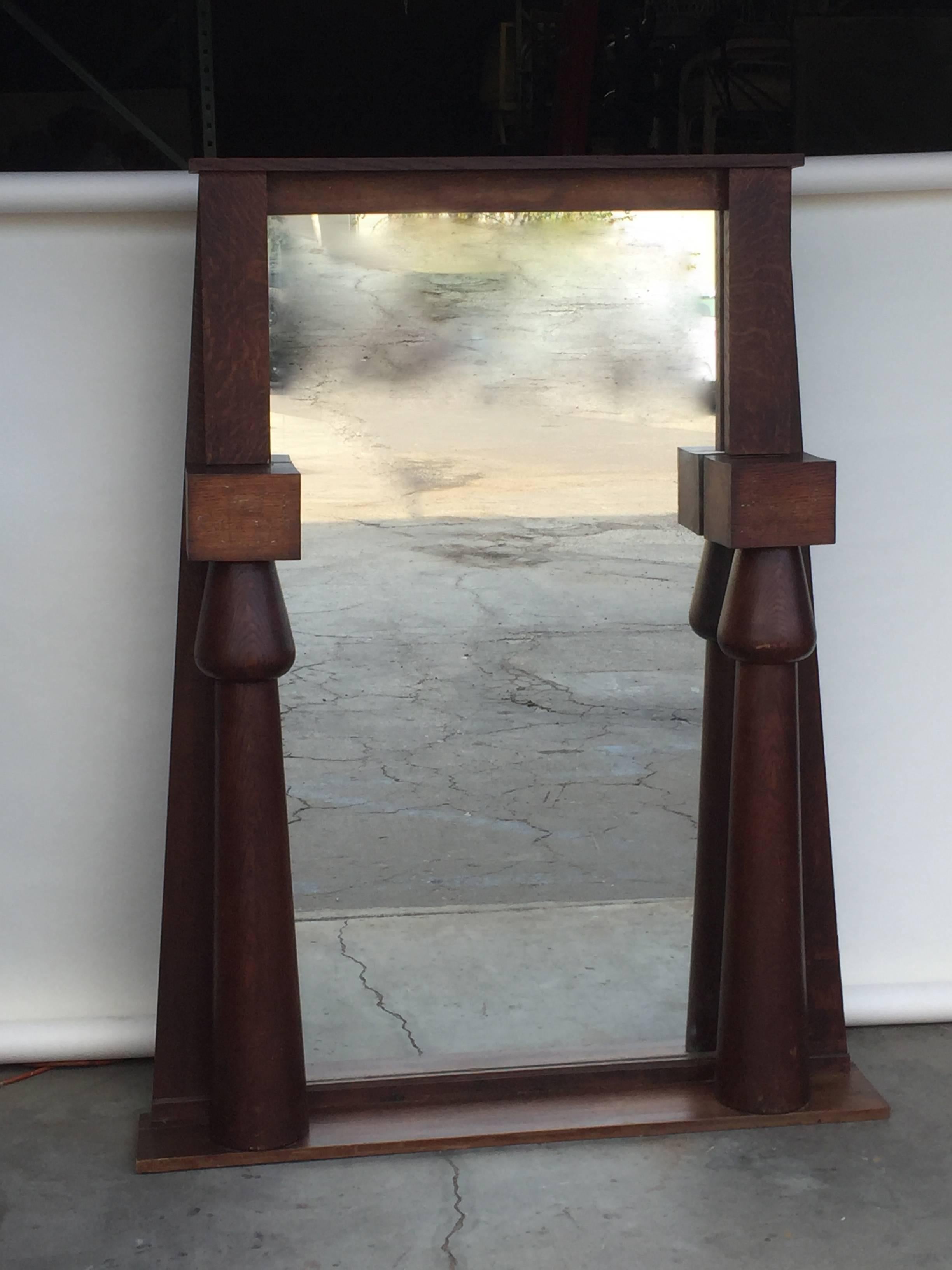 English Large Egyptian Revival Arts & Crafts Stained Oak Mirror