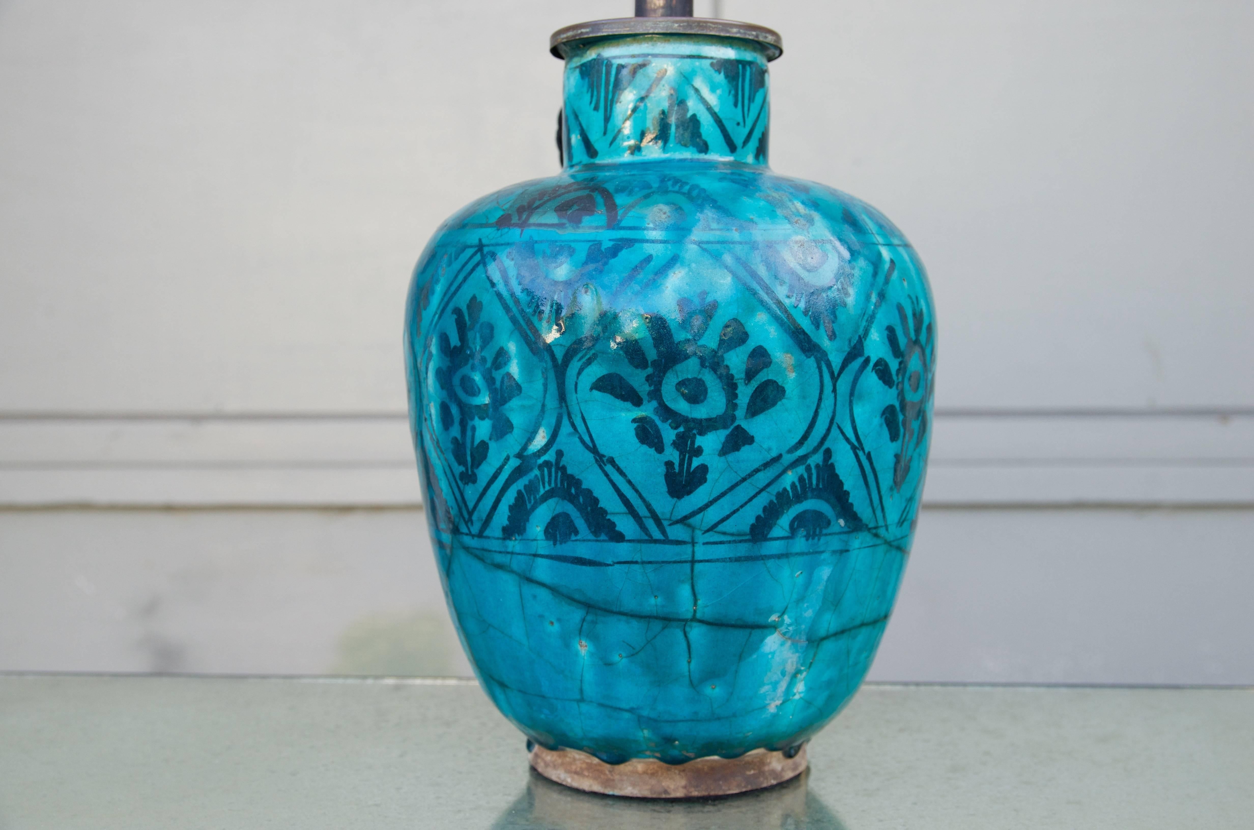 Antique Turquoise Glazed Ceramic Persian Table Lamp In Good Condition In Los Angeles, CA