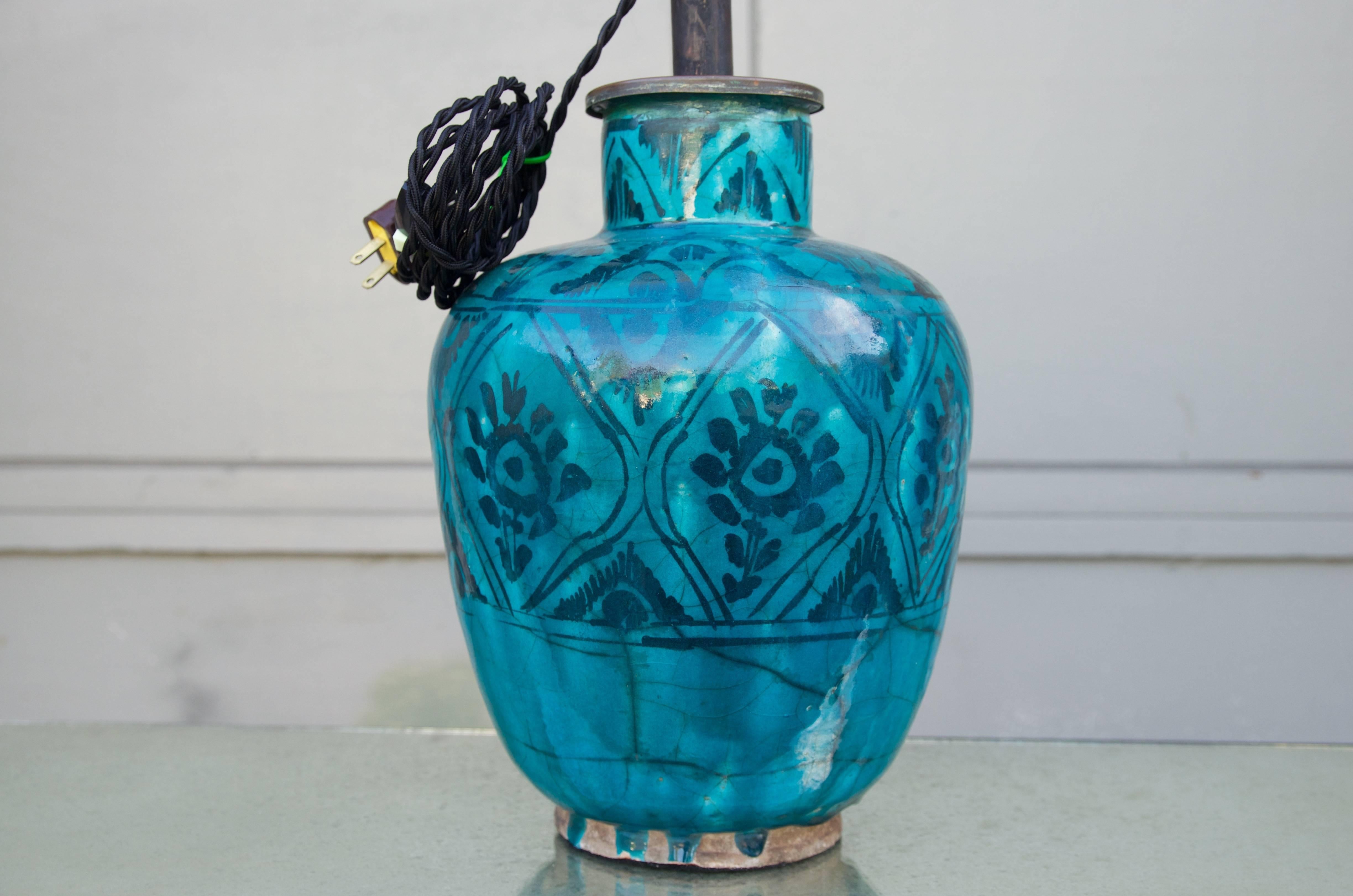19th Century Antique Turquoise Glazed Ceramic Persian Table Lamp
