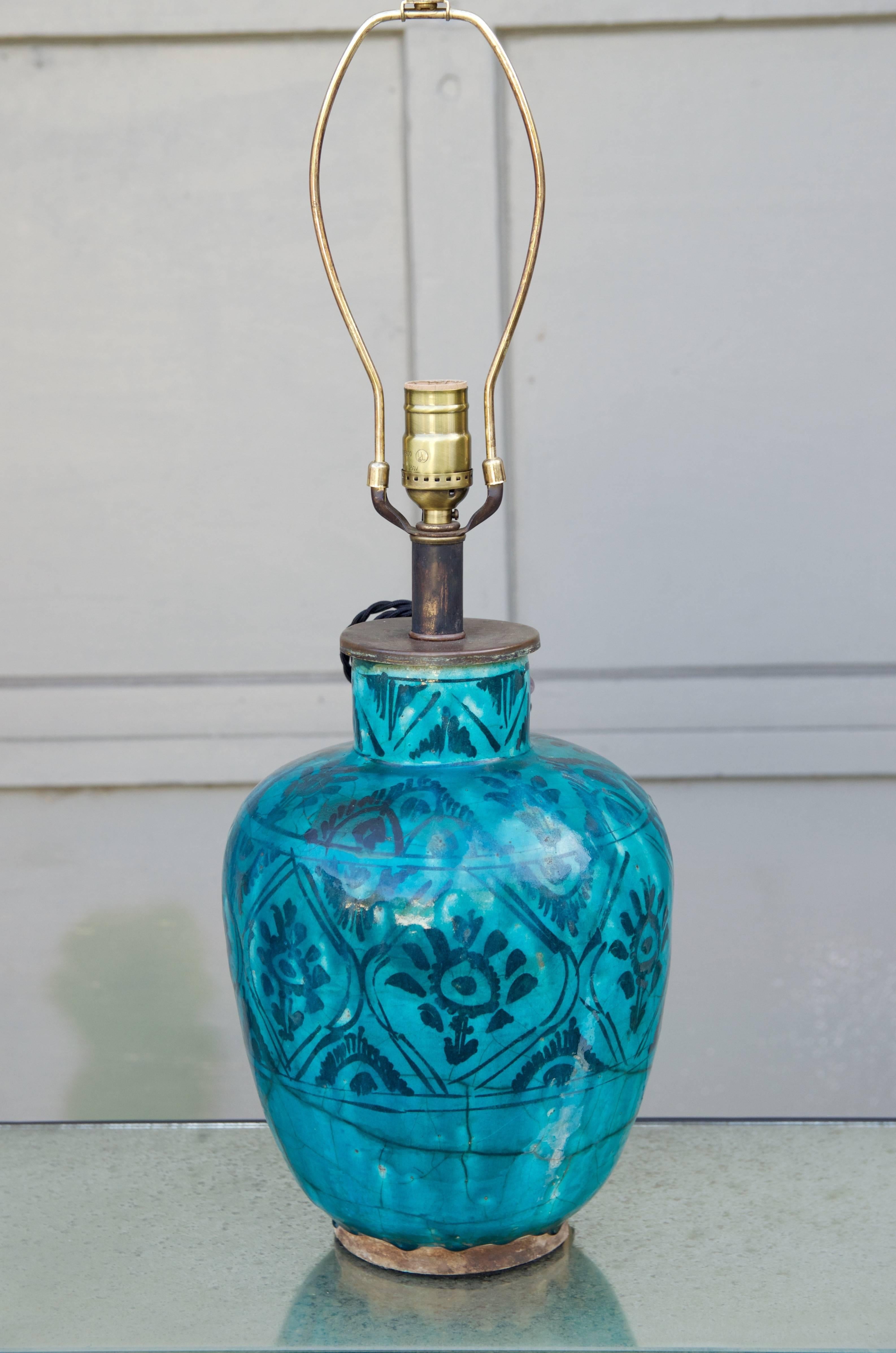 Islamic Antique Turquoise Glazed Ceramic Persian Table Lamp