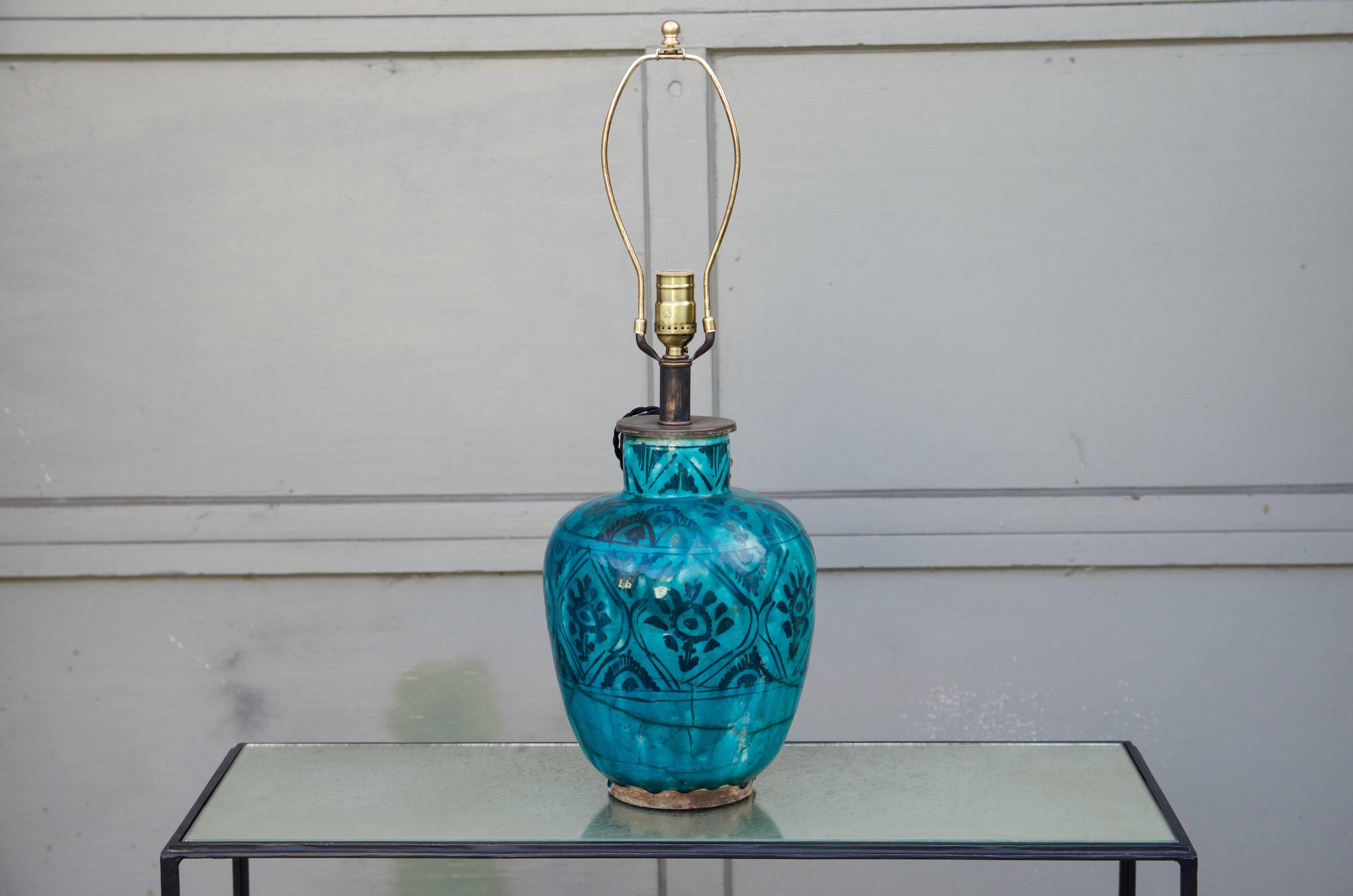 Antique turquoise glazed ceramic Persian table lamp. Rewired.
