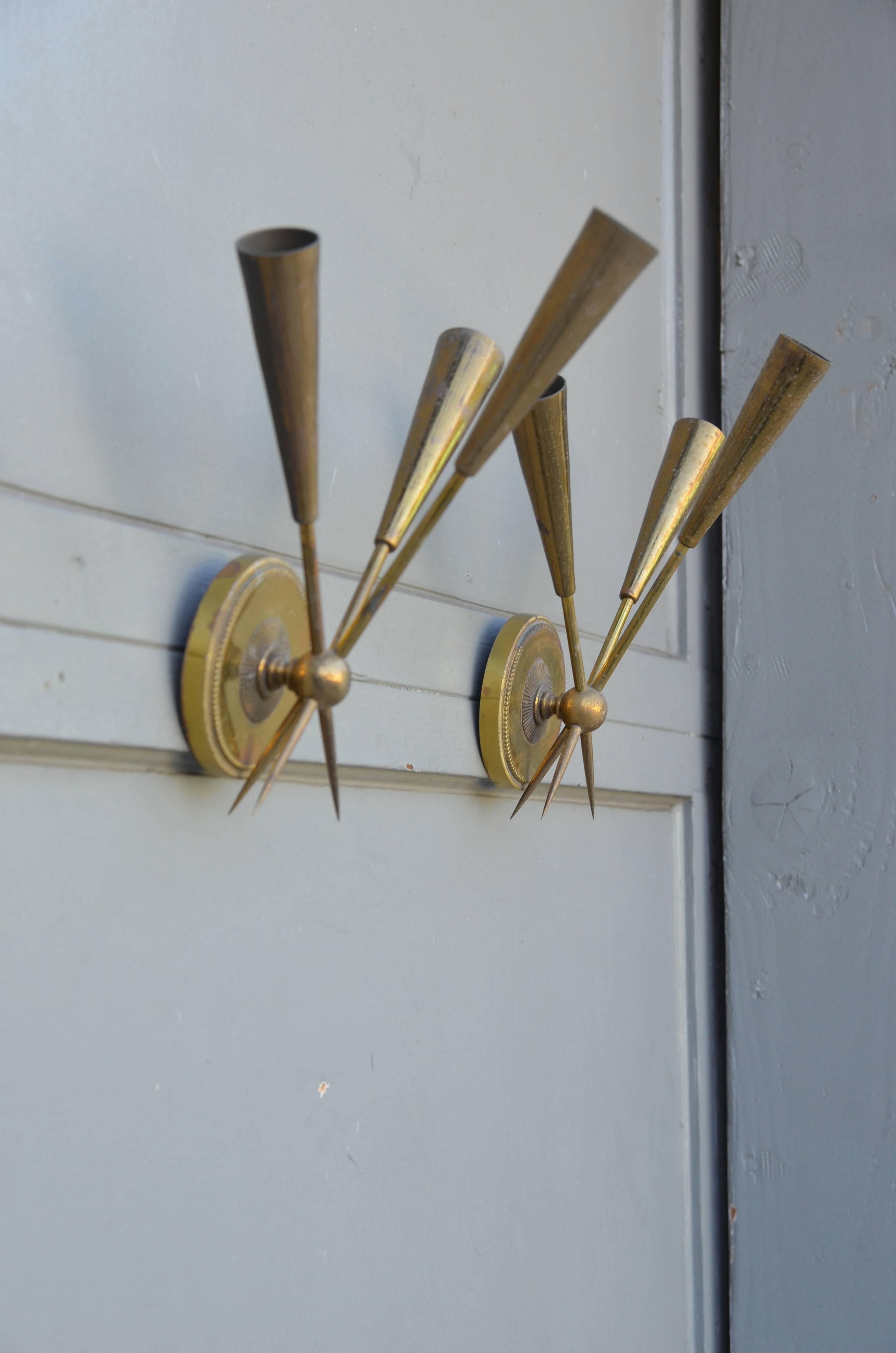 Pair of Chic French 1950s Three-Arm Patinated Brass Sconces In Good Condition In Los Angeles, CA