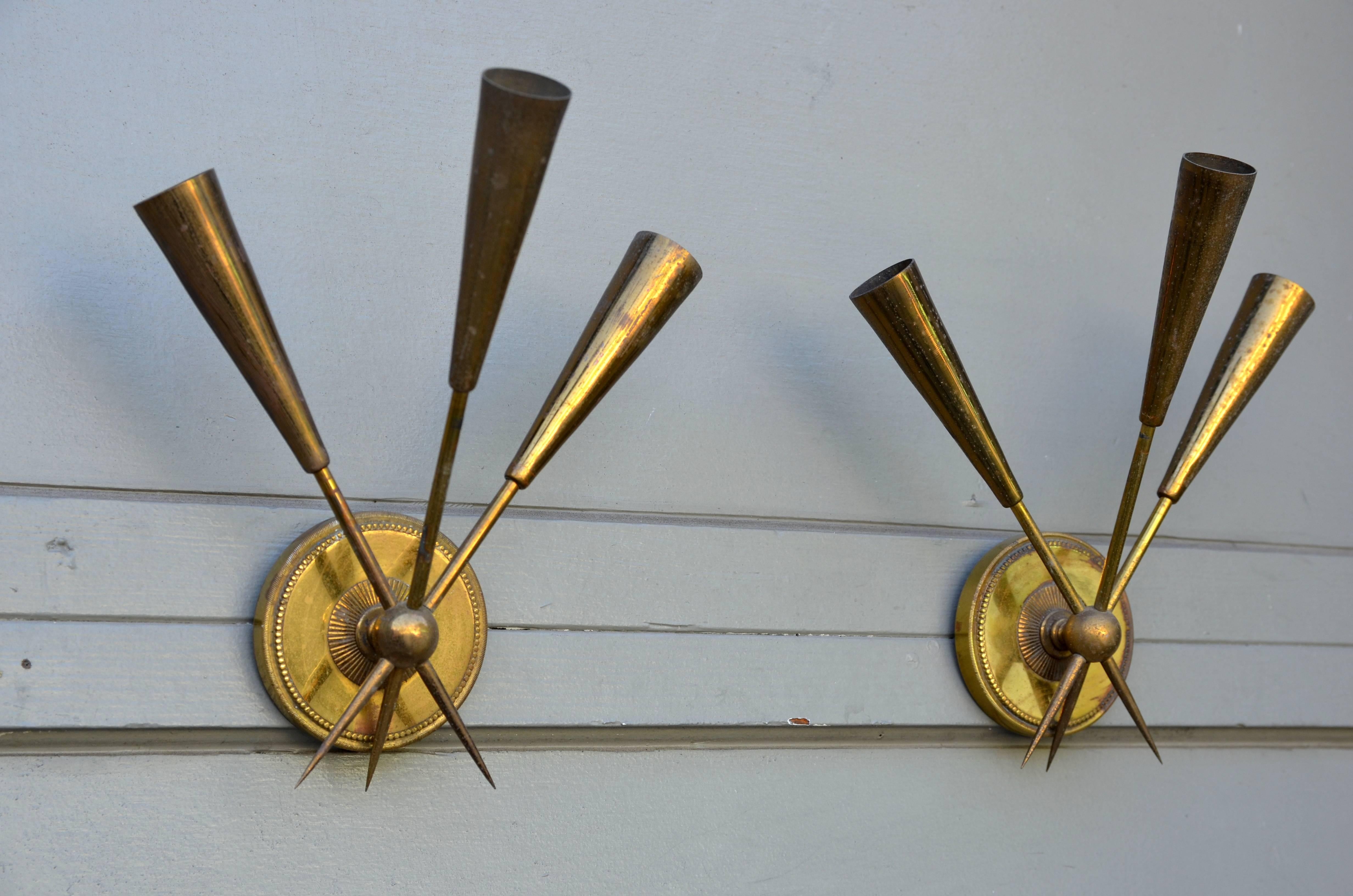 Mid-Century Modern Pair of Chic French 1950s Three-Arm Patinated Brass Sconces