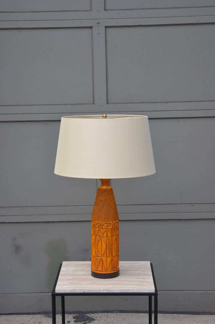 American Chic Brutalist Ochre Ceramic Table Lamp with Custom Silk Shade