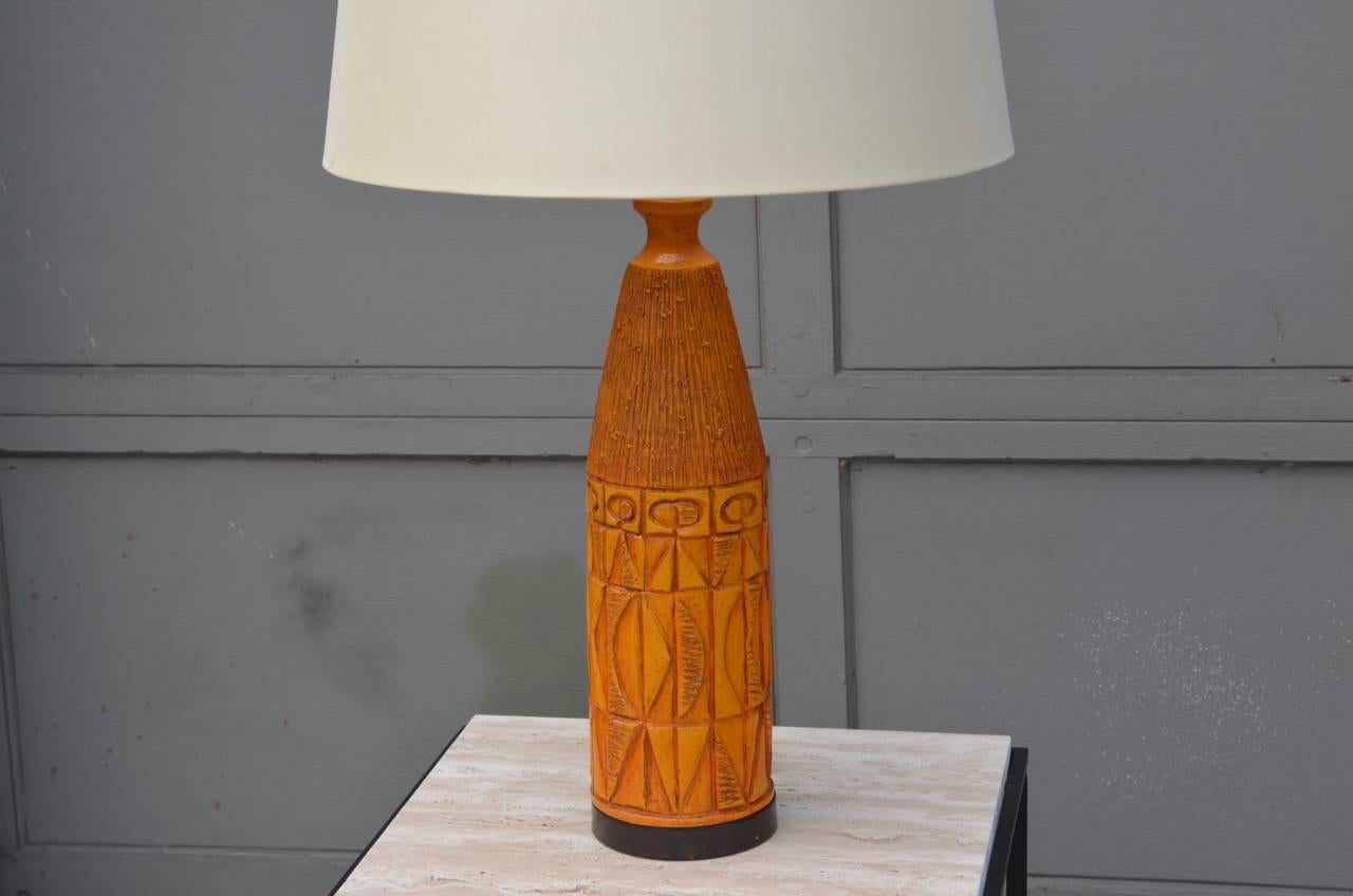 Glazed Chic Brutalist Ochre Ceramic Table Lamp with Custom Silk Shade
