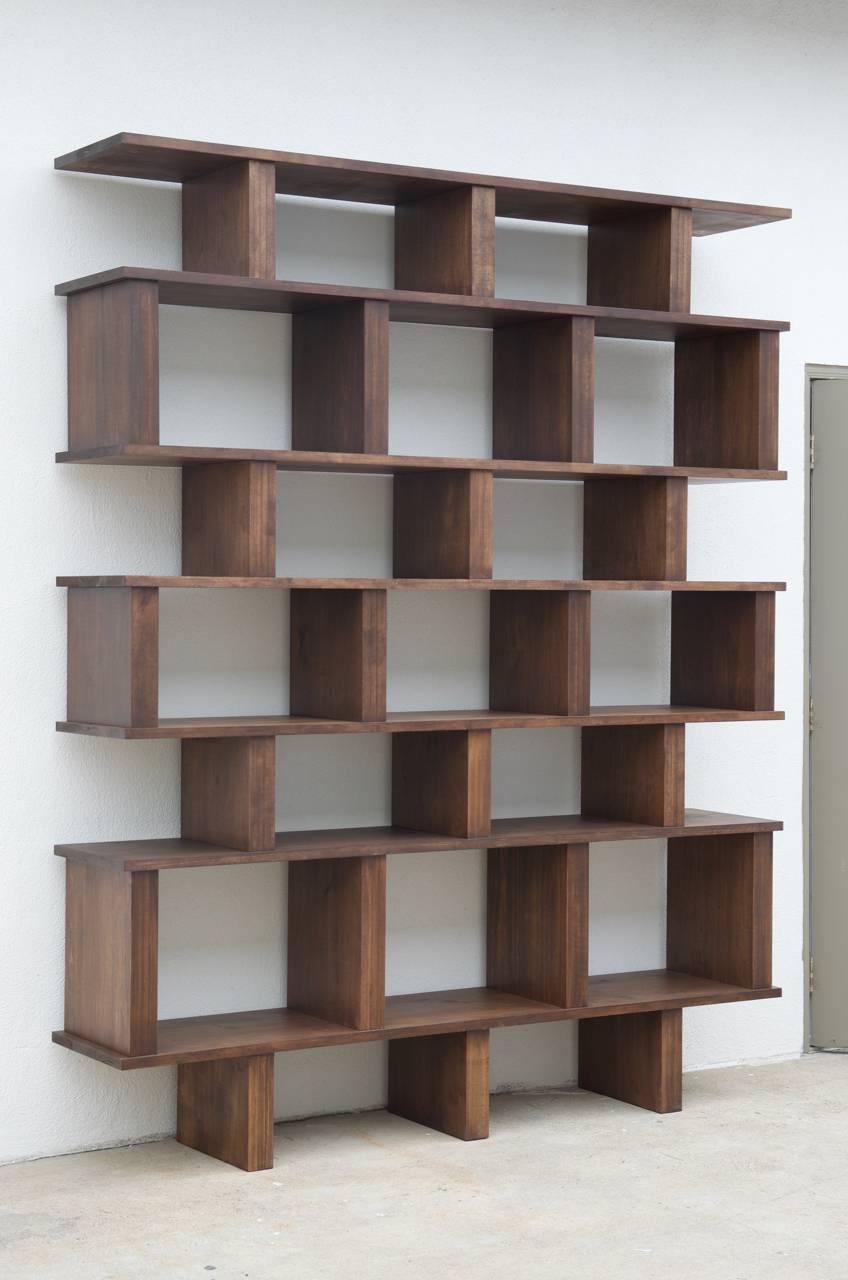 Tall 'Verticale' shelving unit made of stained hardwood. Sealed with a soft, matte finish. Handmade in our Los Angeles atelier. A stunning piece with beautiful wood grain.