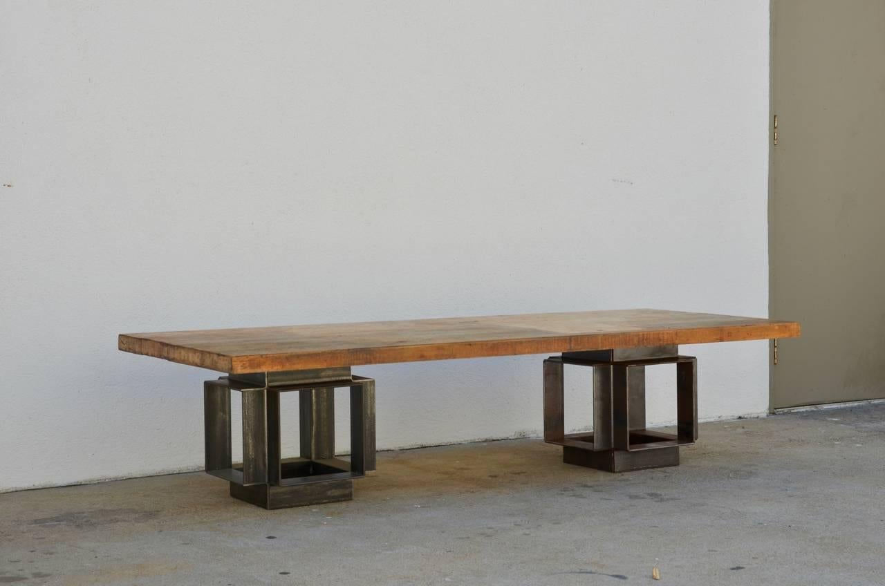 Massive geometric coffee table made from a workshop bench. Great proportions. Incredible patina.
