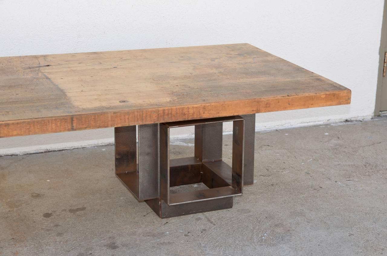 Patinated Massive Geometric Coffee Table Made from a Workshop Bench