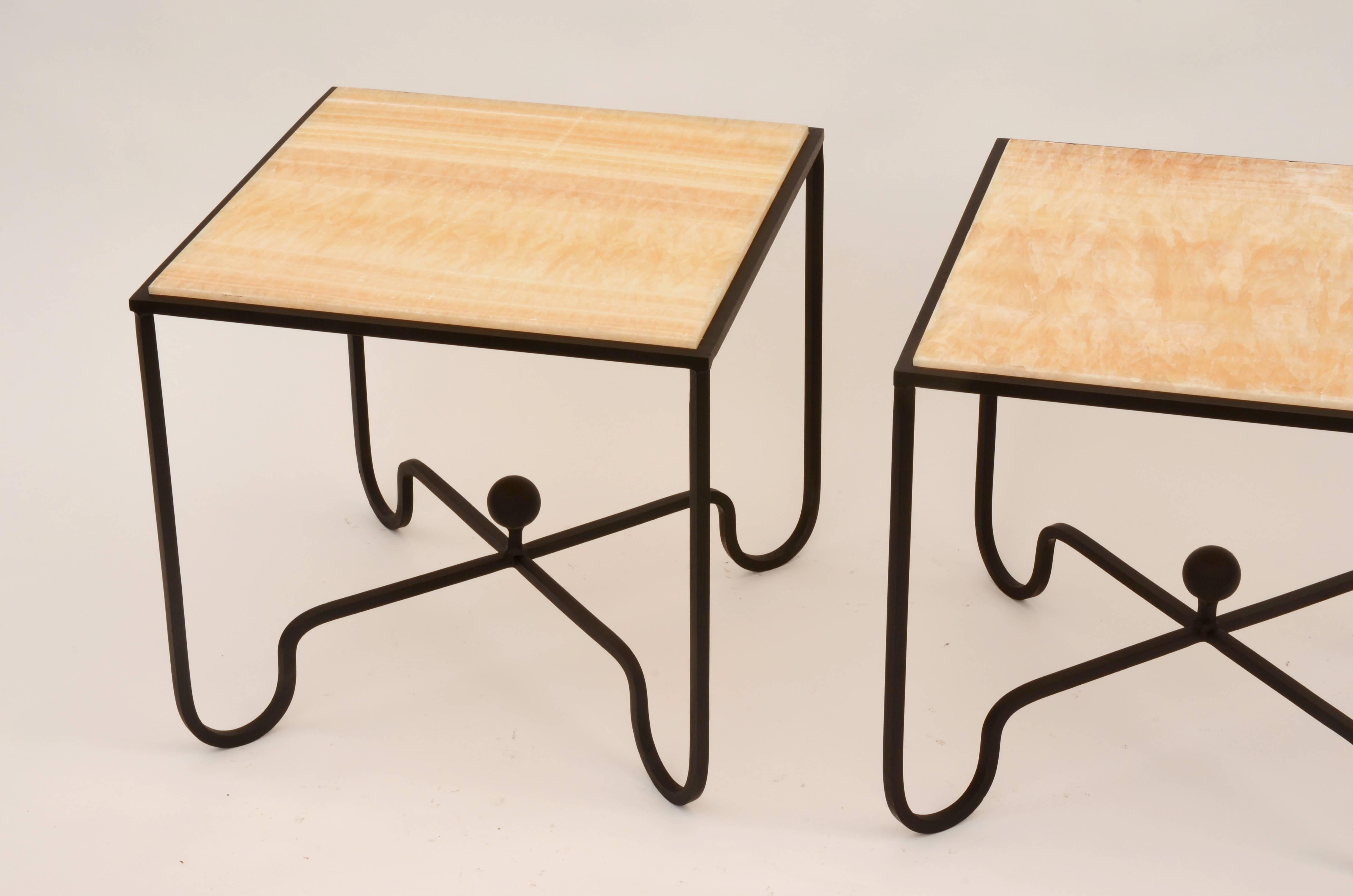 Modern Pair of 'Entretoise' Wrought Iron and Onyx Side Tables by Design Frères For Sale