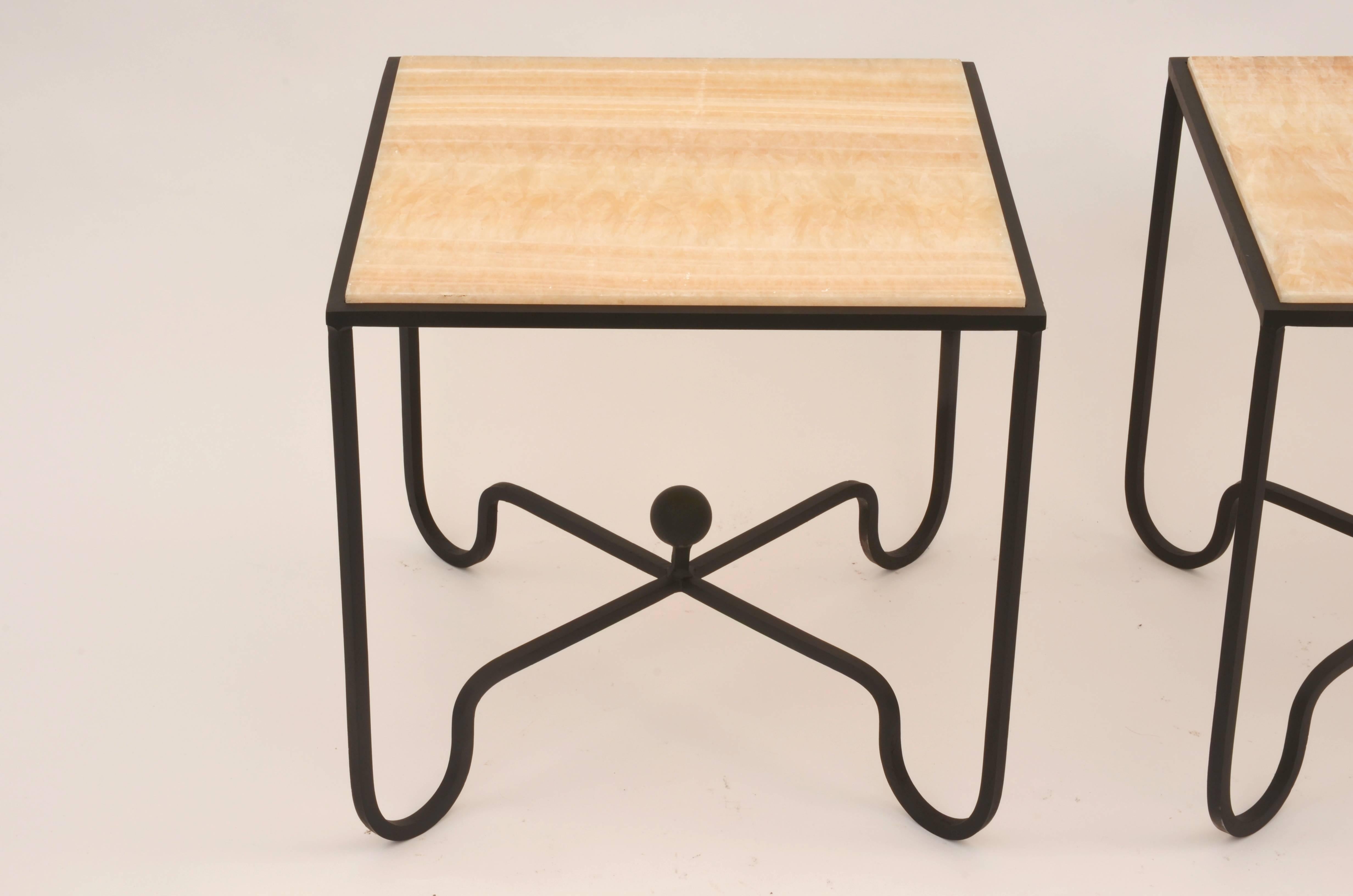 French Pair of 'Entretoise' Wrought Iron and Onyx Side Tables by Design Frères For Sale