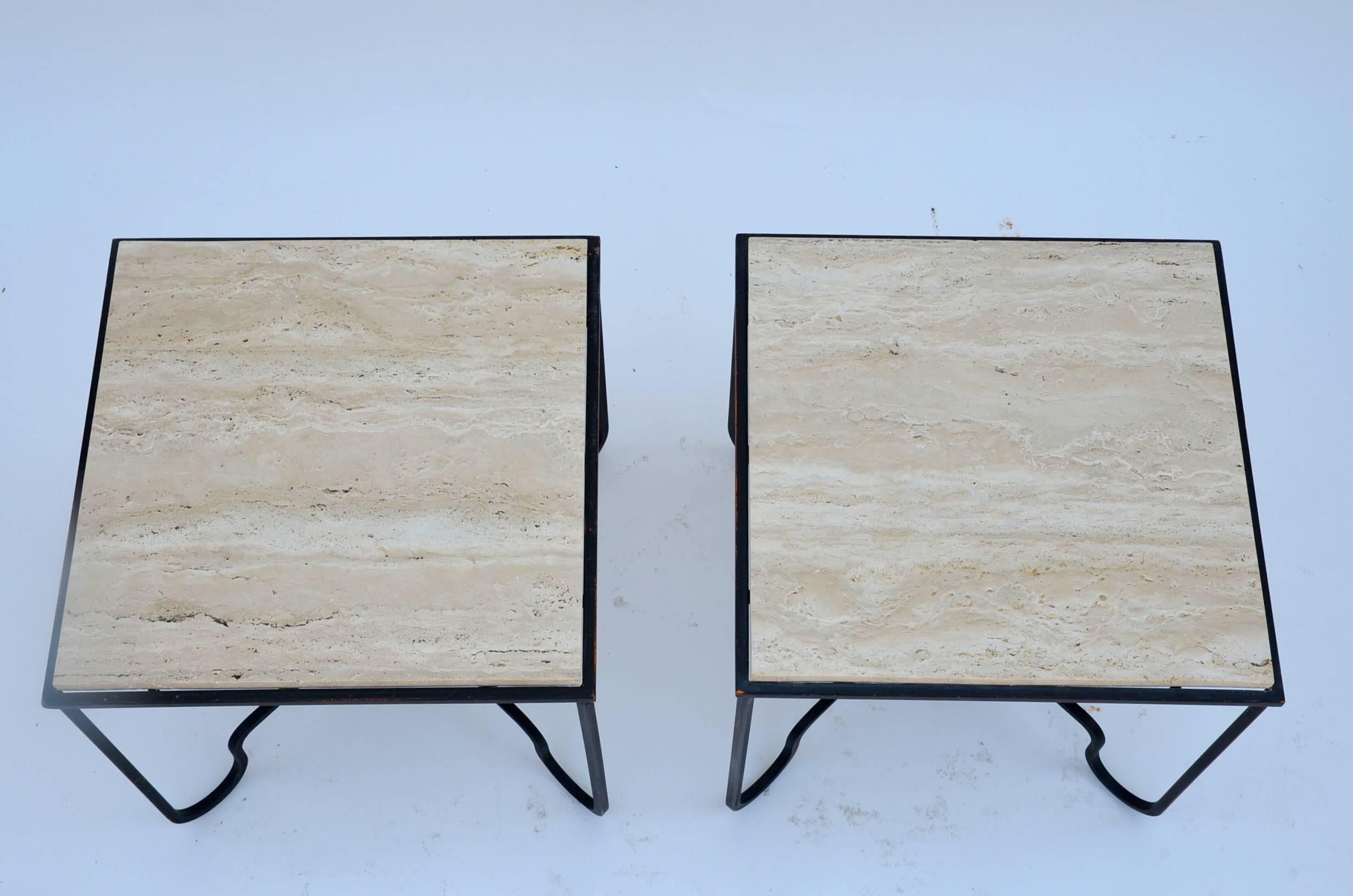 Contemporary Pair of Wrought Iron and Travertine 'Entretoise' Side Tables by Design Frères For Sale