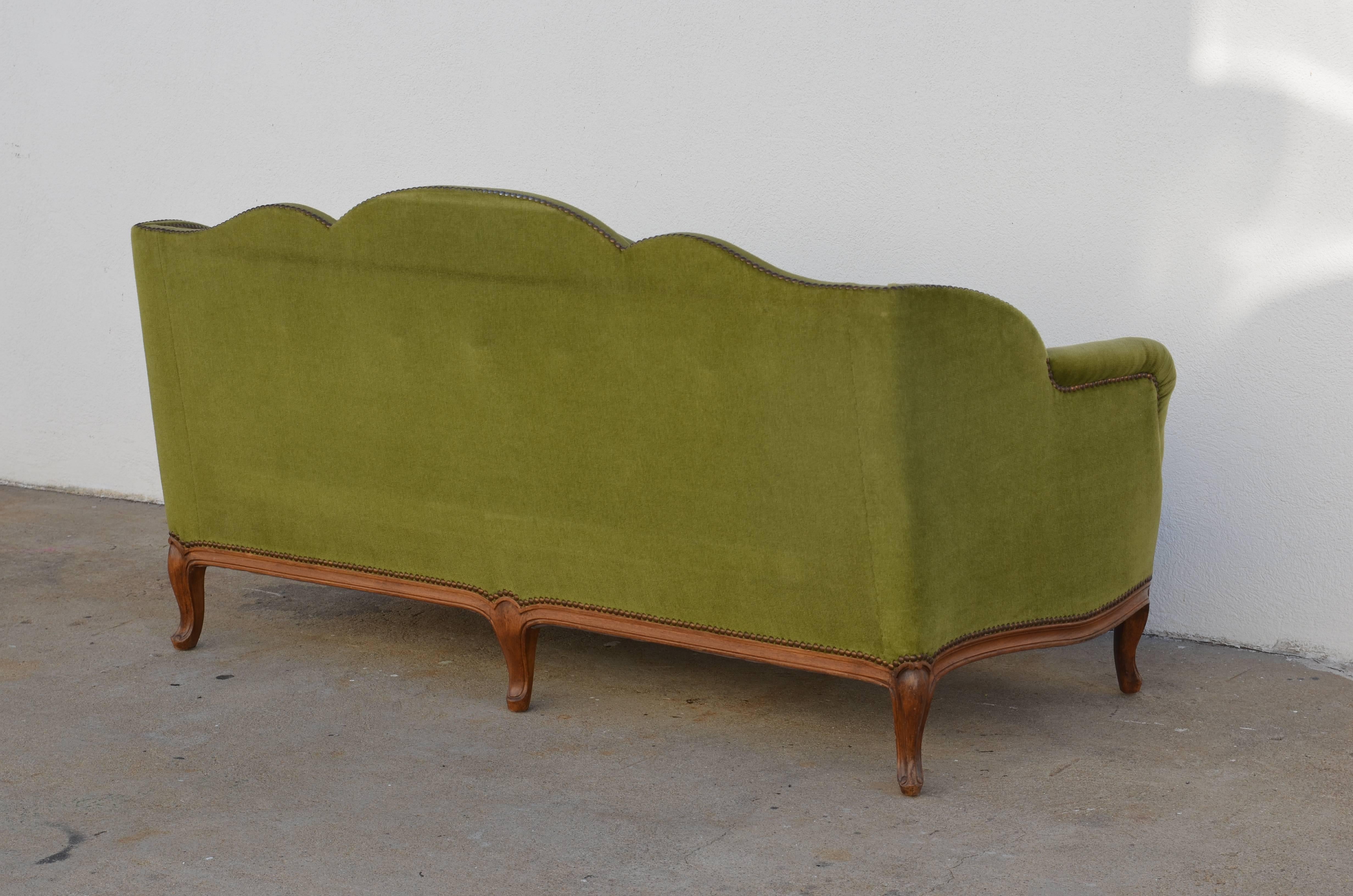 Carved Elegant French, 1940s Louis XV Style Green Velvet Sofa