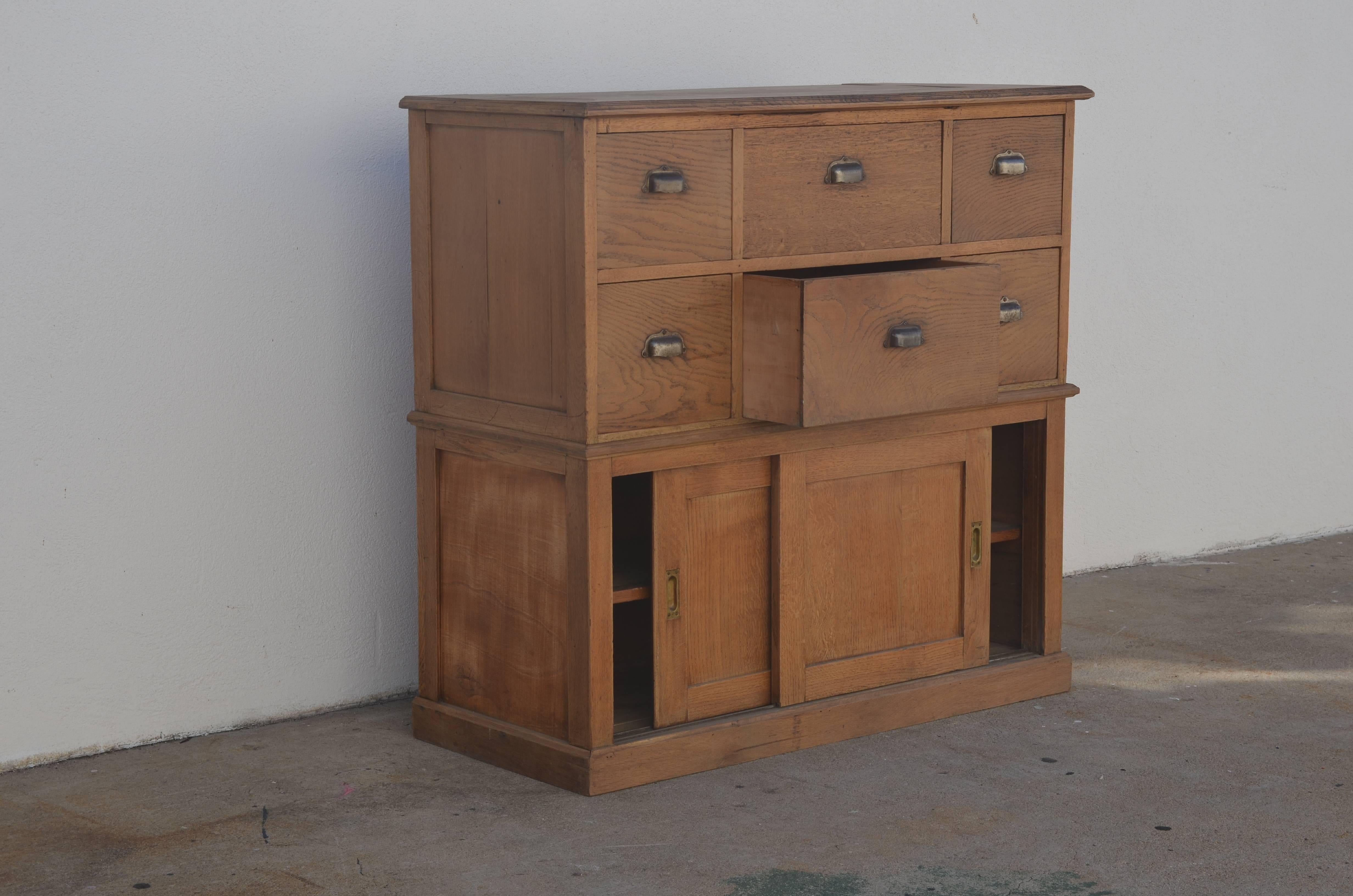 Industrial Solid Patinated Oak French Workshop or Apothecary Cabinet