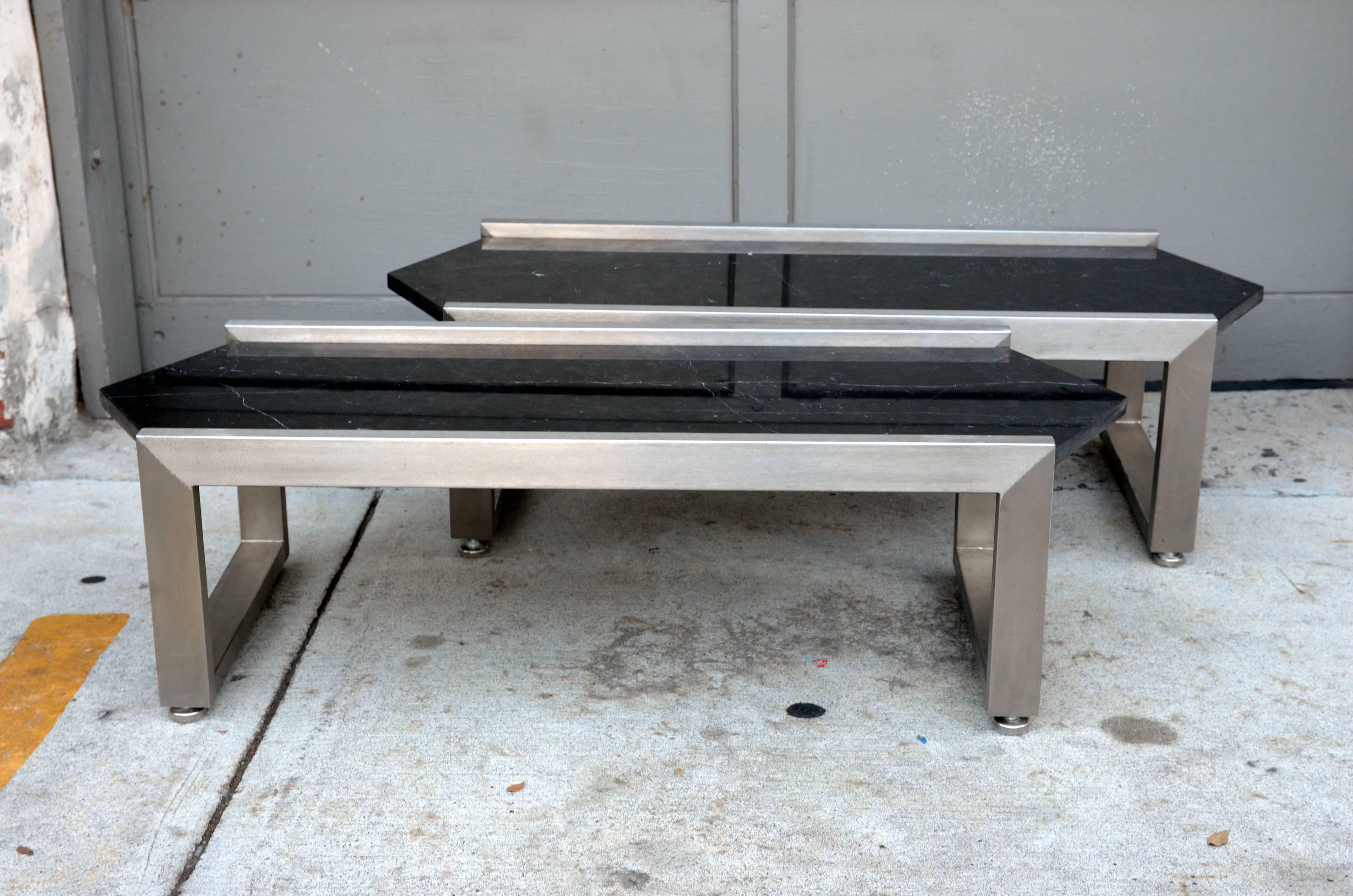 American Pair of Polished Steel and Veined Black Marble 1960s Coffee Tables For Sale