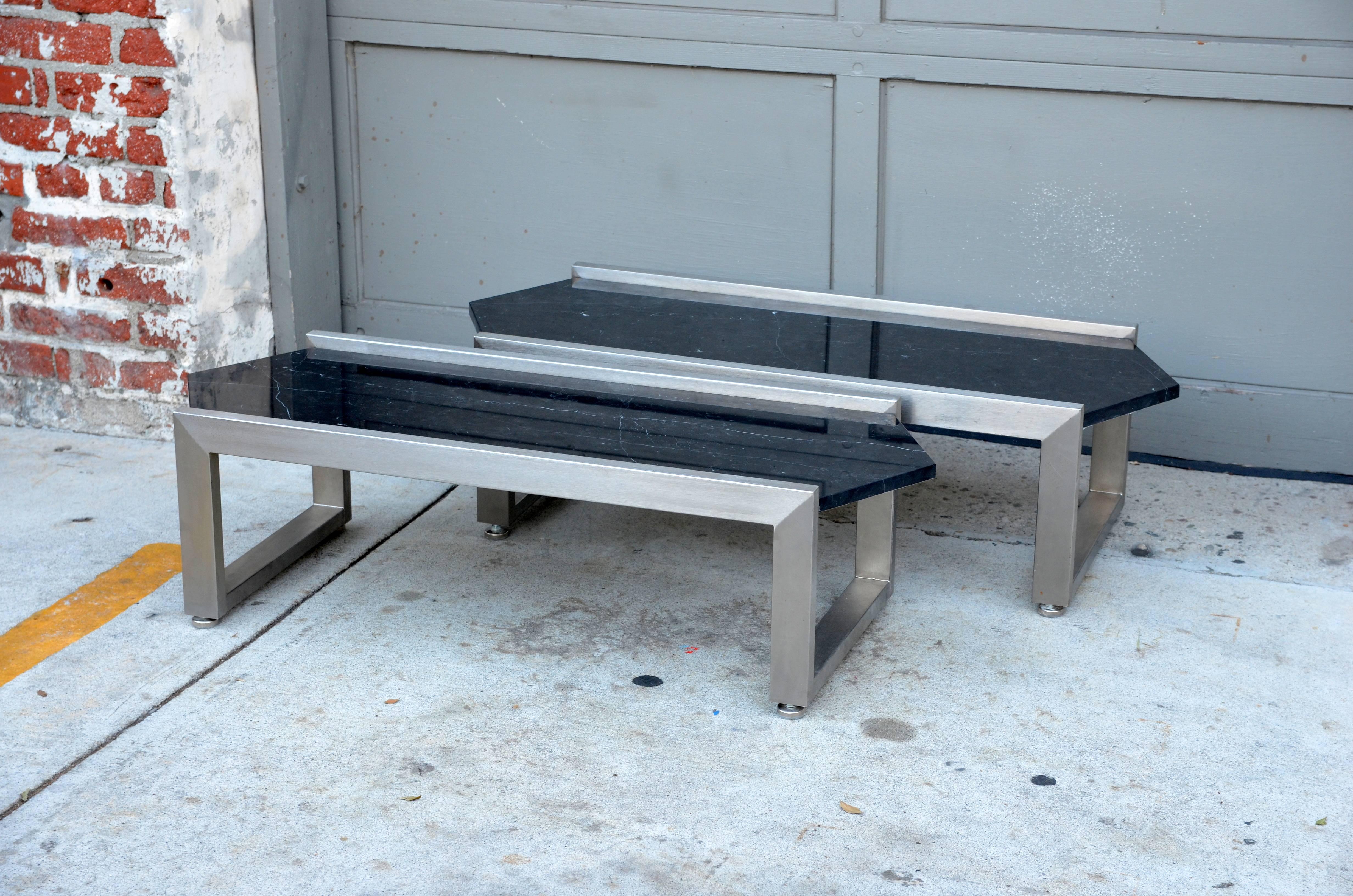 Belgian Black Marble Pair of Polished Steel and Veined Black Marble 1960s Coffee Tables For Sale