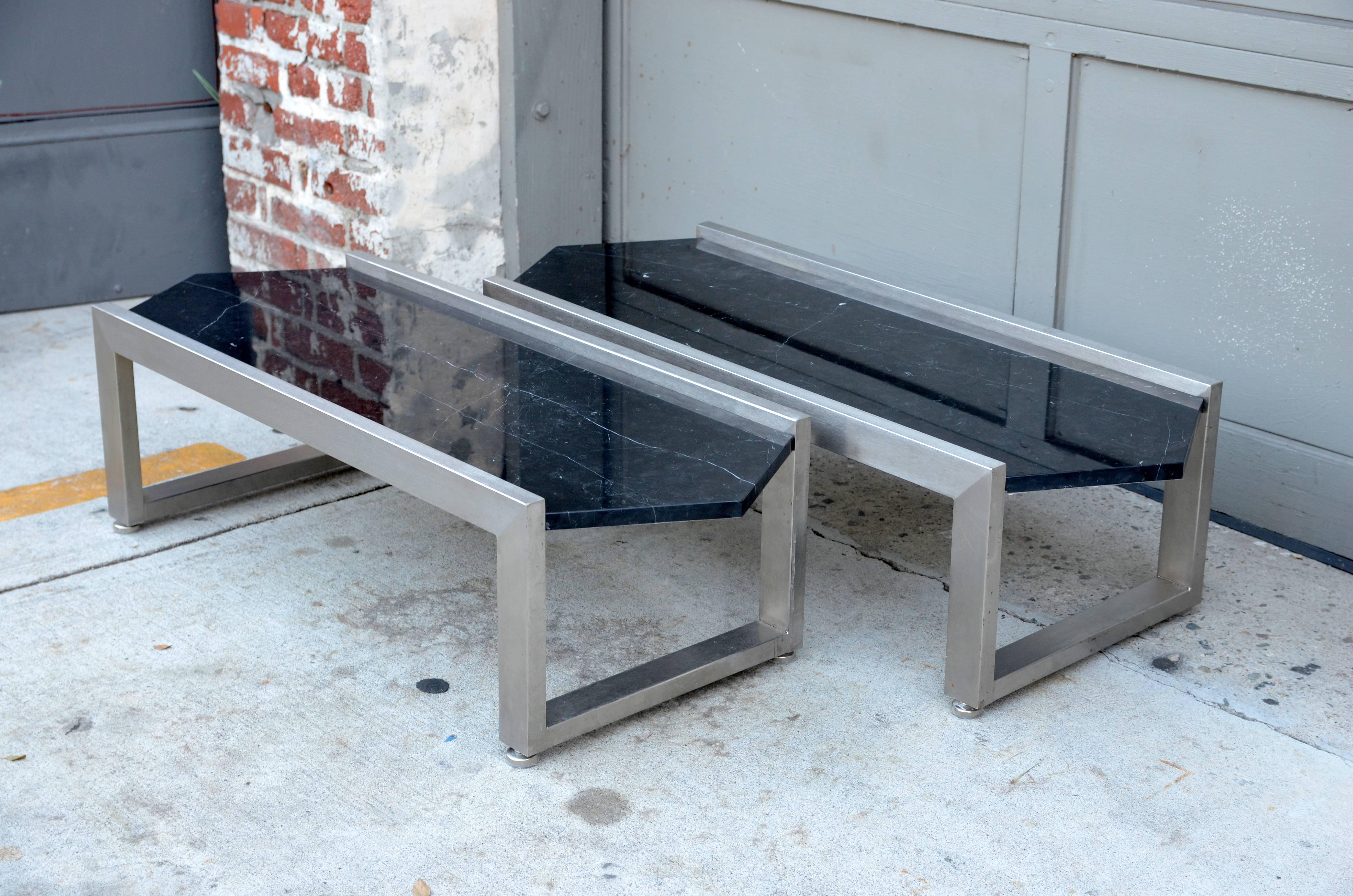 Mid-20th Century Pair of Polished Steel and Veined Black Marble 1960s Coffee Tables For Sale