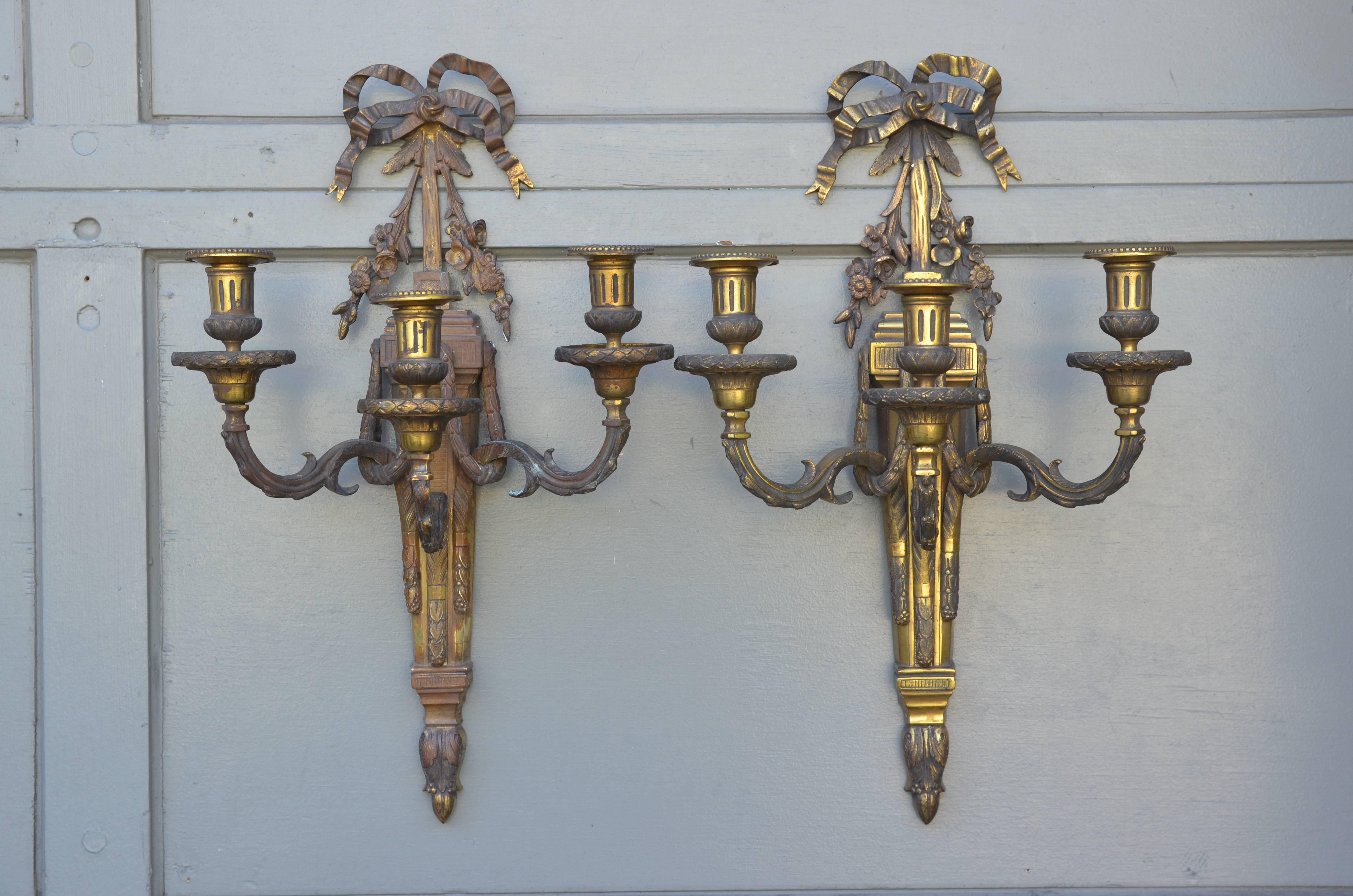 Pair of Monumental Gilt Bronze Louis XVI Style Sconces In Good Condition For Sale In Los Angeles, CA