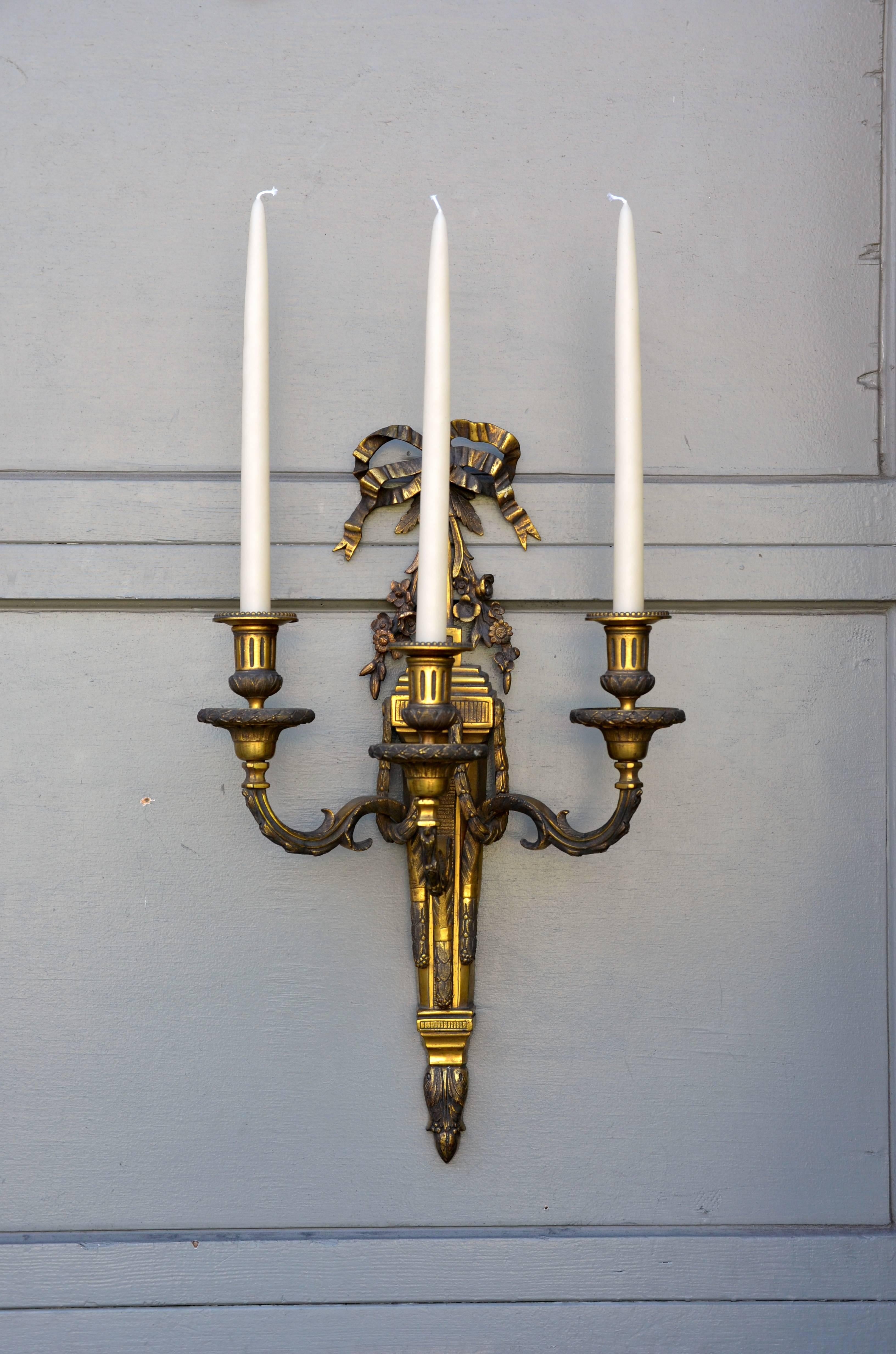 Pair of Monumental Gilt Bronze Louis XVI Style Sconces For Sale 3