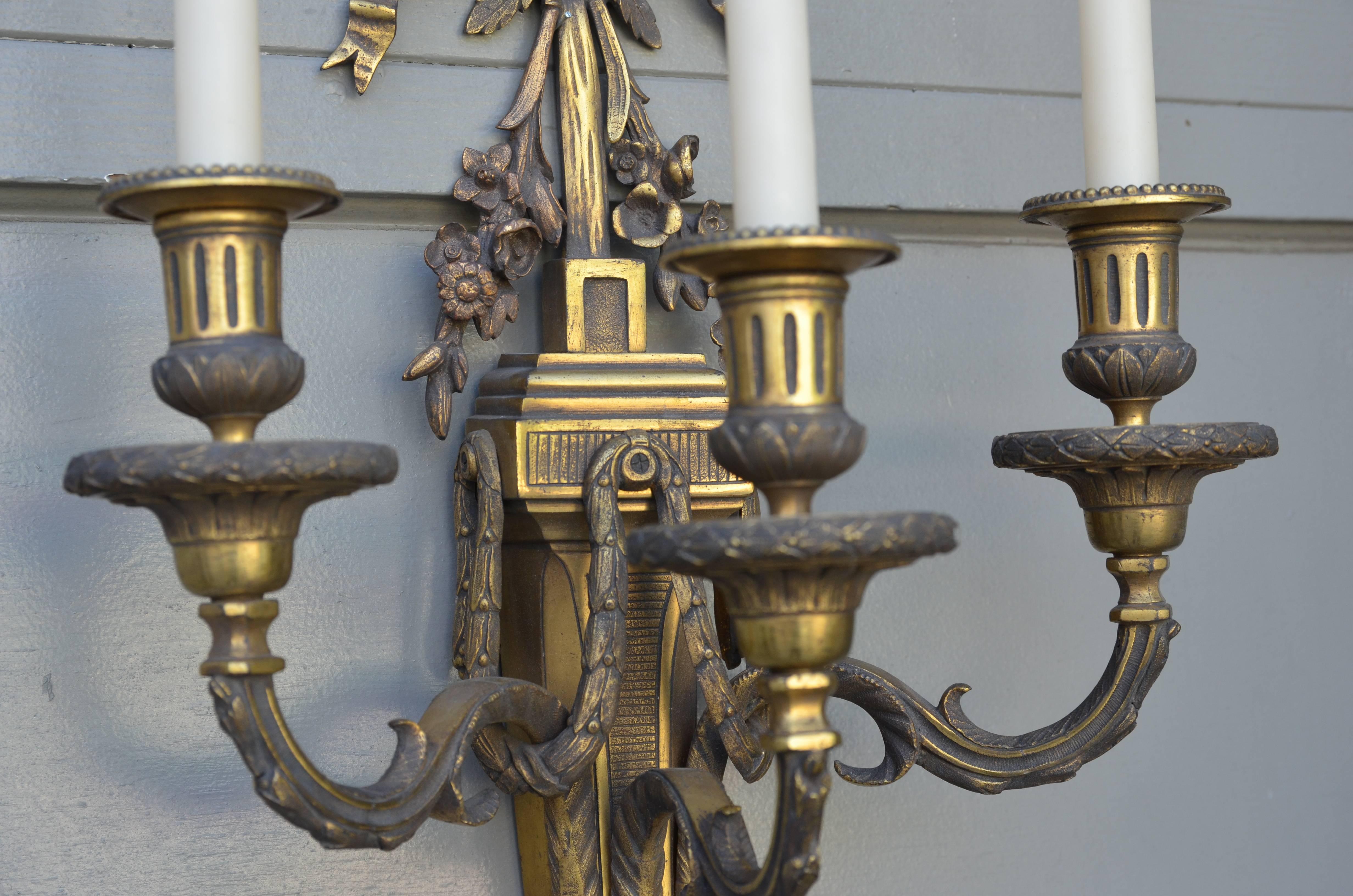 French Pair of Monumental Gilt Bronze Louis XVI Style Sconces For Sale