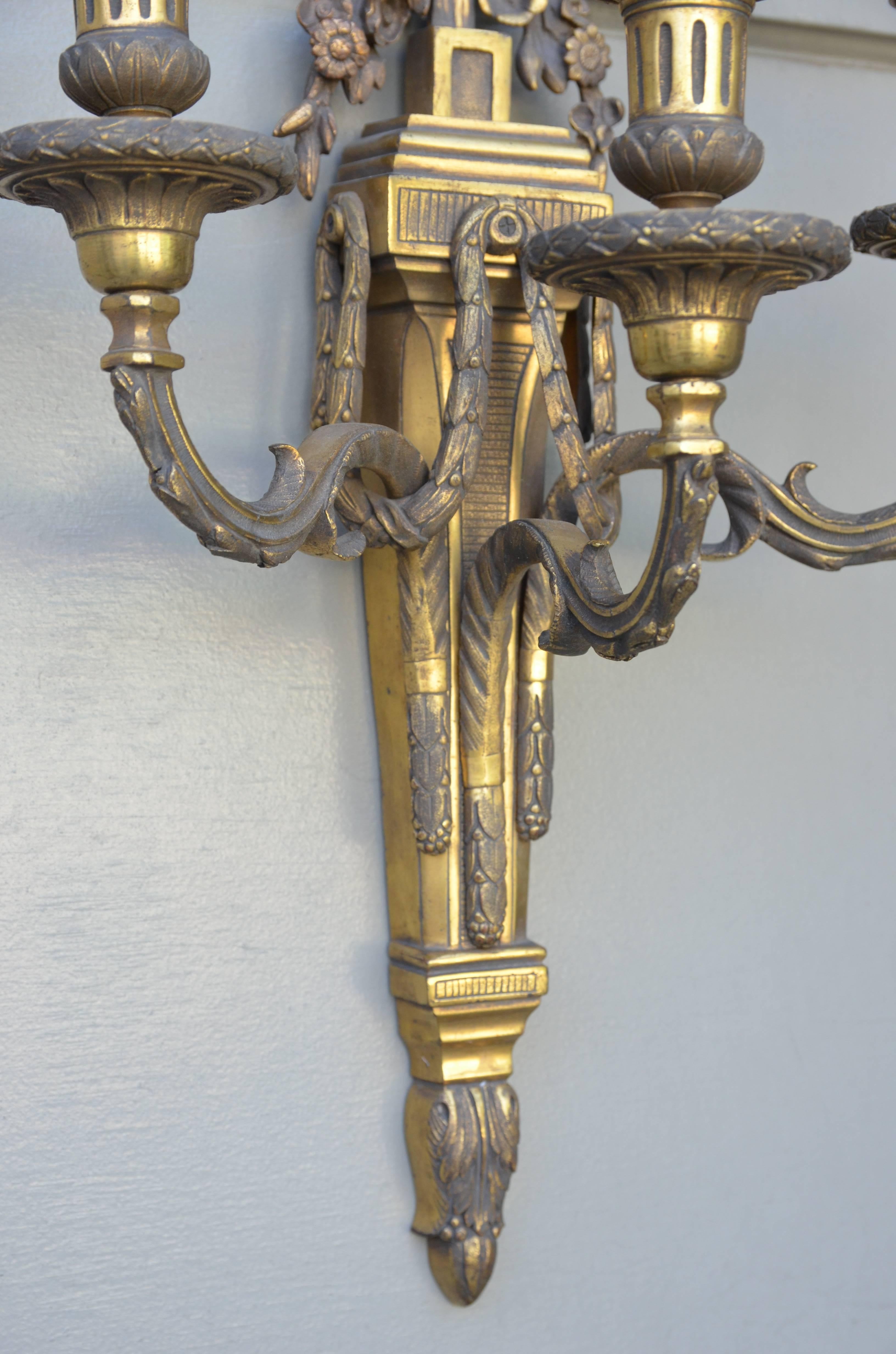 Pair of Monumental Gilt Bronze Louis XVI Style Sconces For Sale 1
