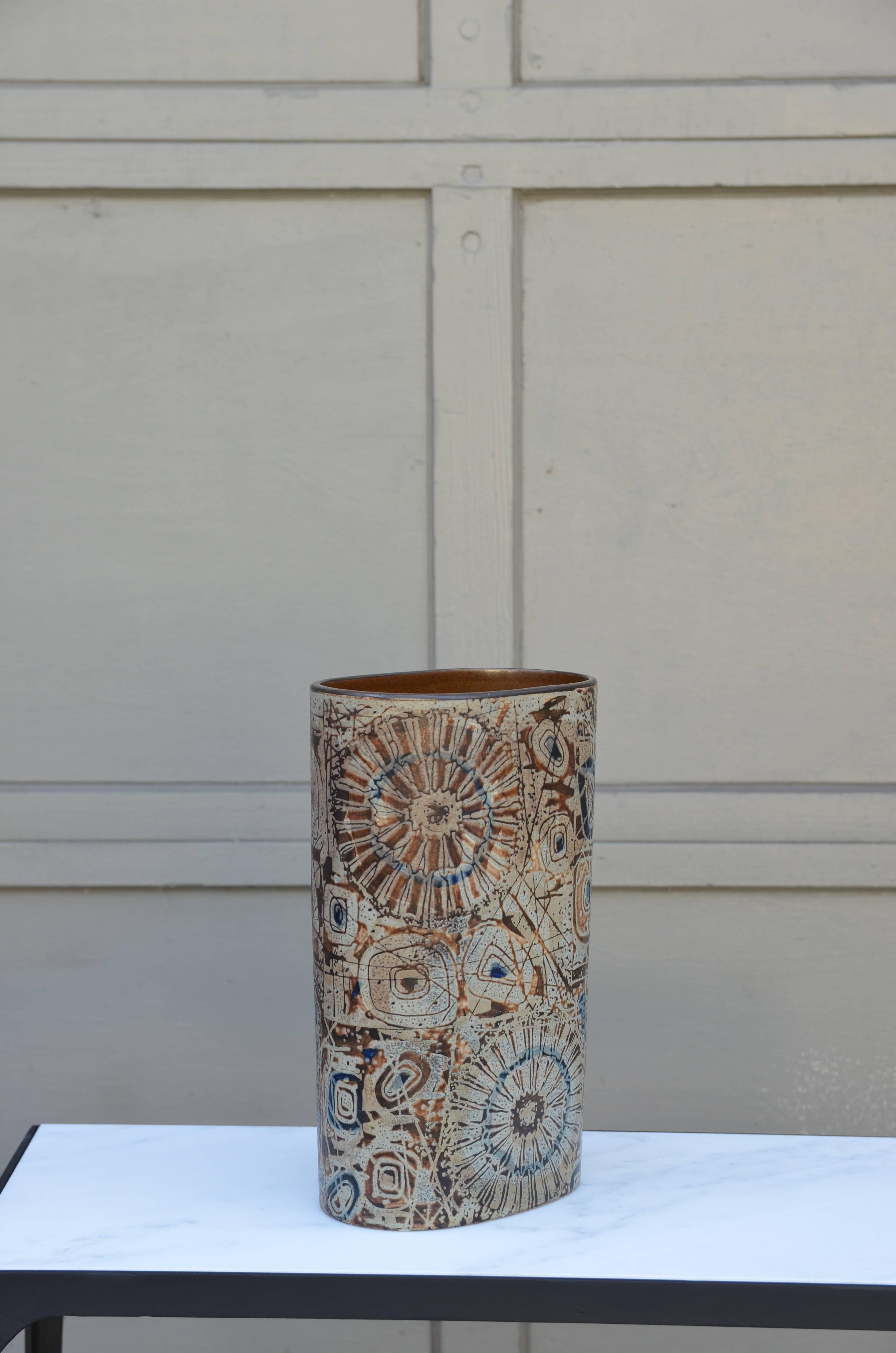 Large Oval Cylinder Ceramic Vase by Royal Copenhagen. Signed.