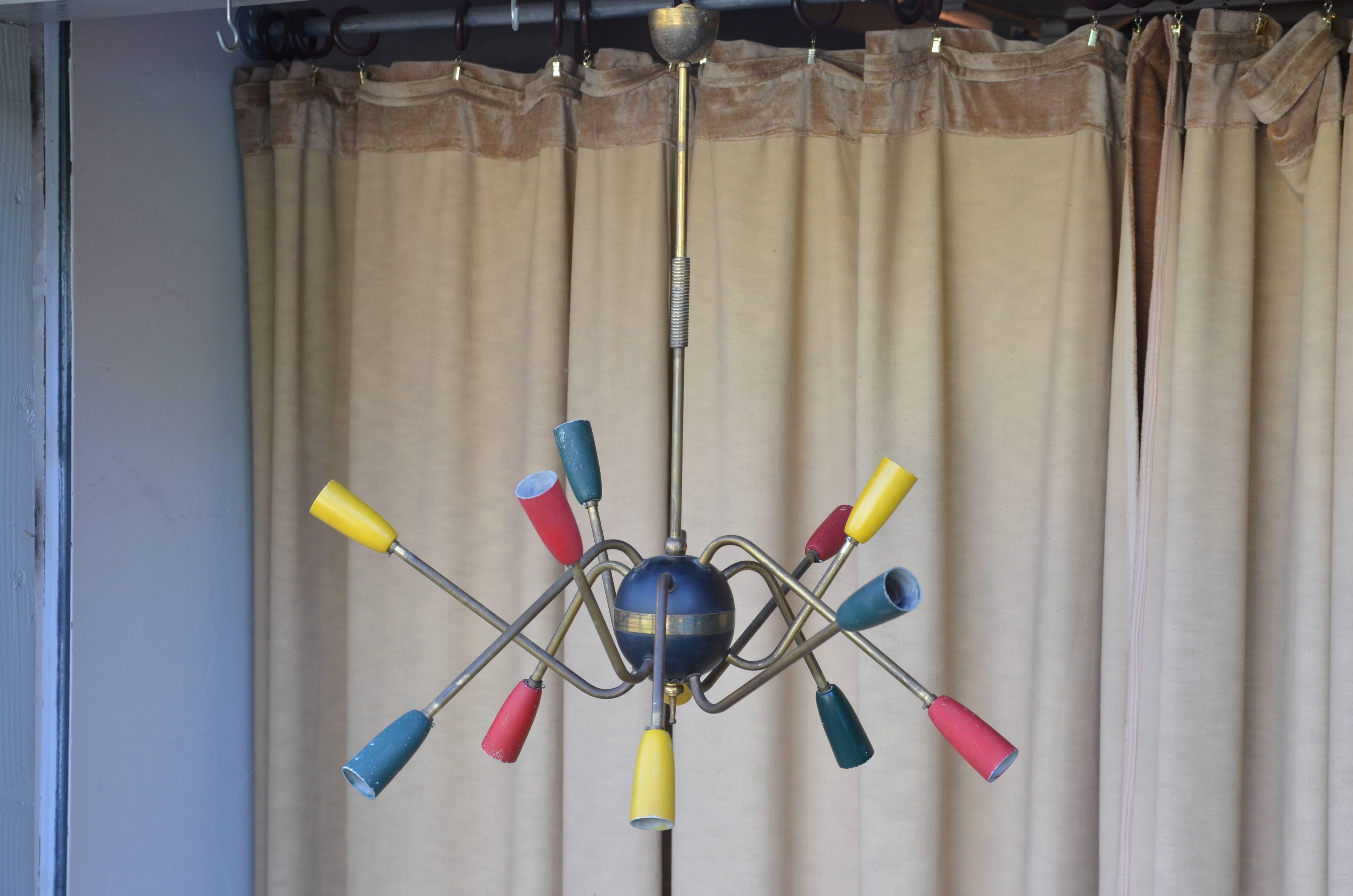 Unusual, French, 1950s Multi-Colored Brass Stem Chandelier In Good Condition In Los Angeles, CA