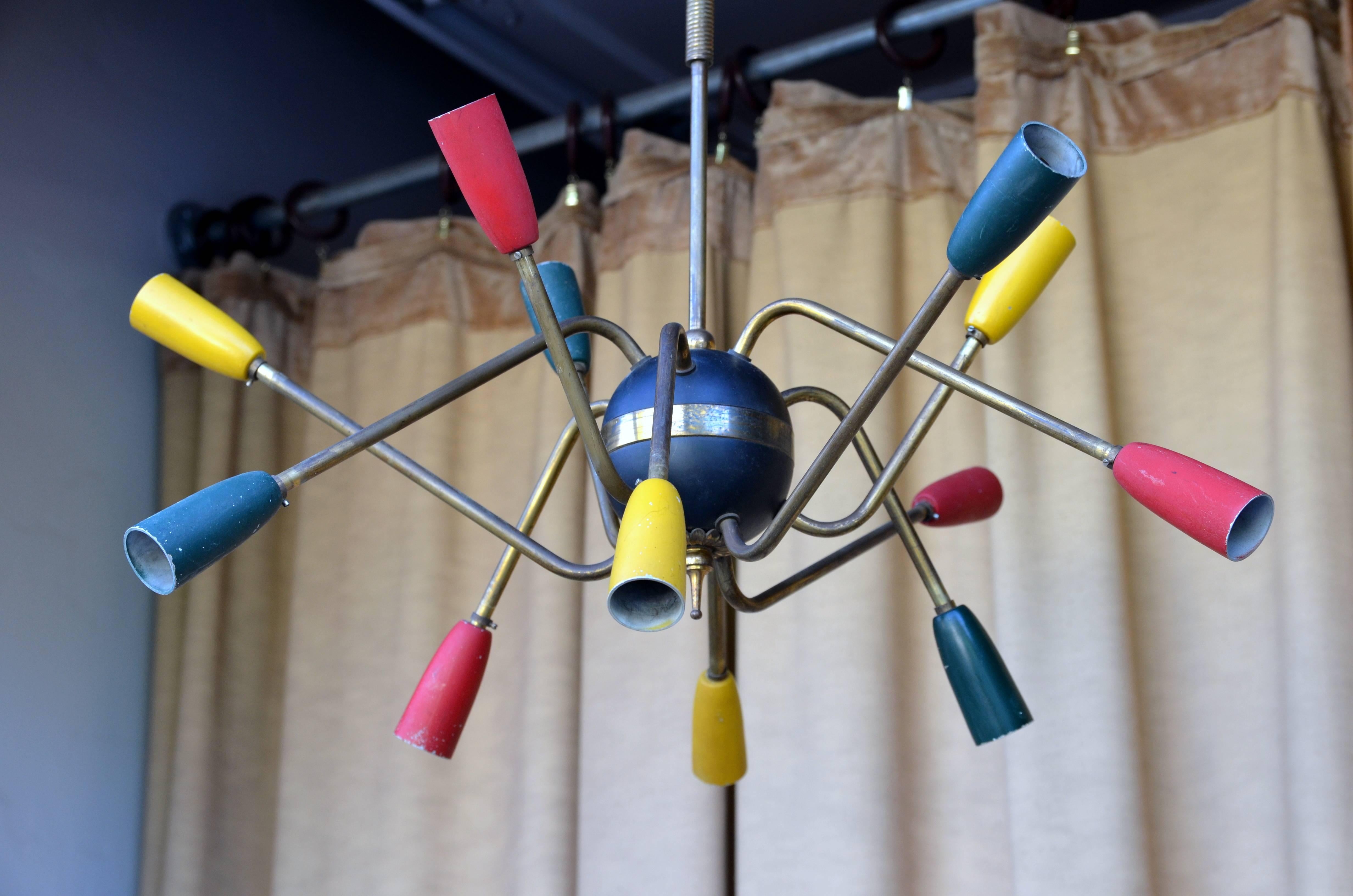 Unusual French 50's Multi-colored Brass Stem Chandelier.