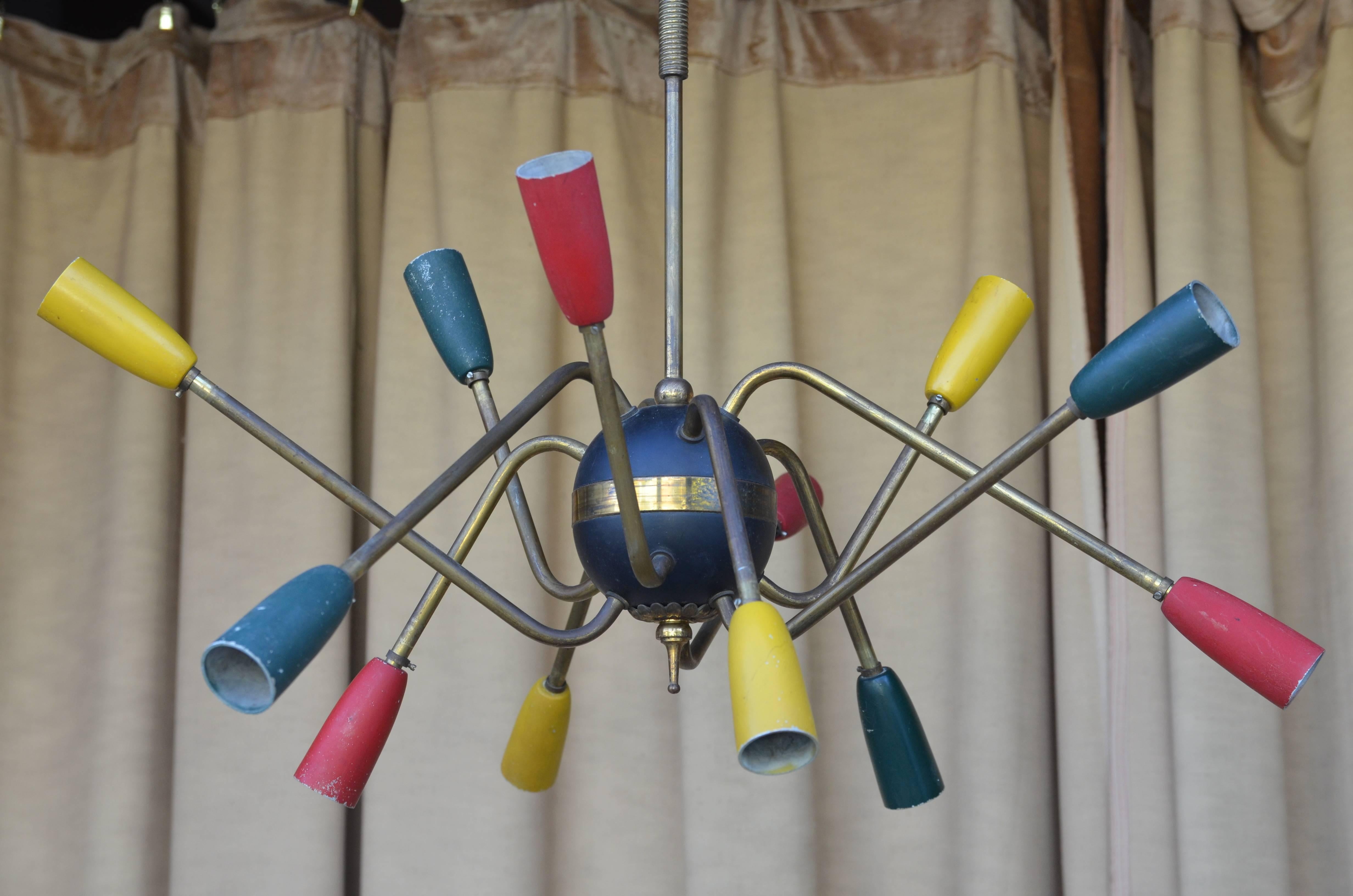 Mid-Century Modern Unusual, French, 1950s Multi-Colored Brass Stem Chandelier