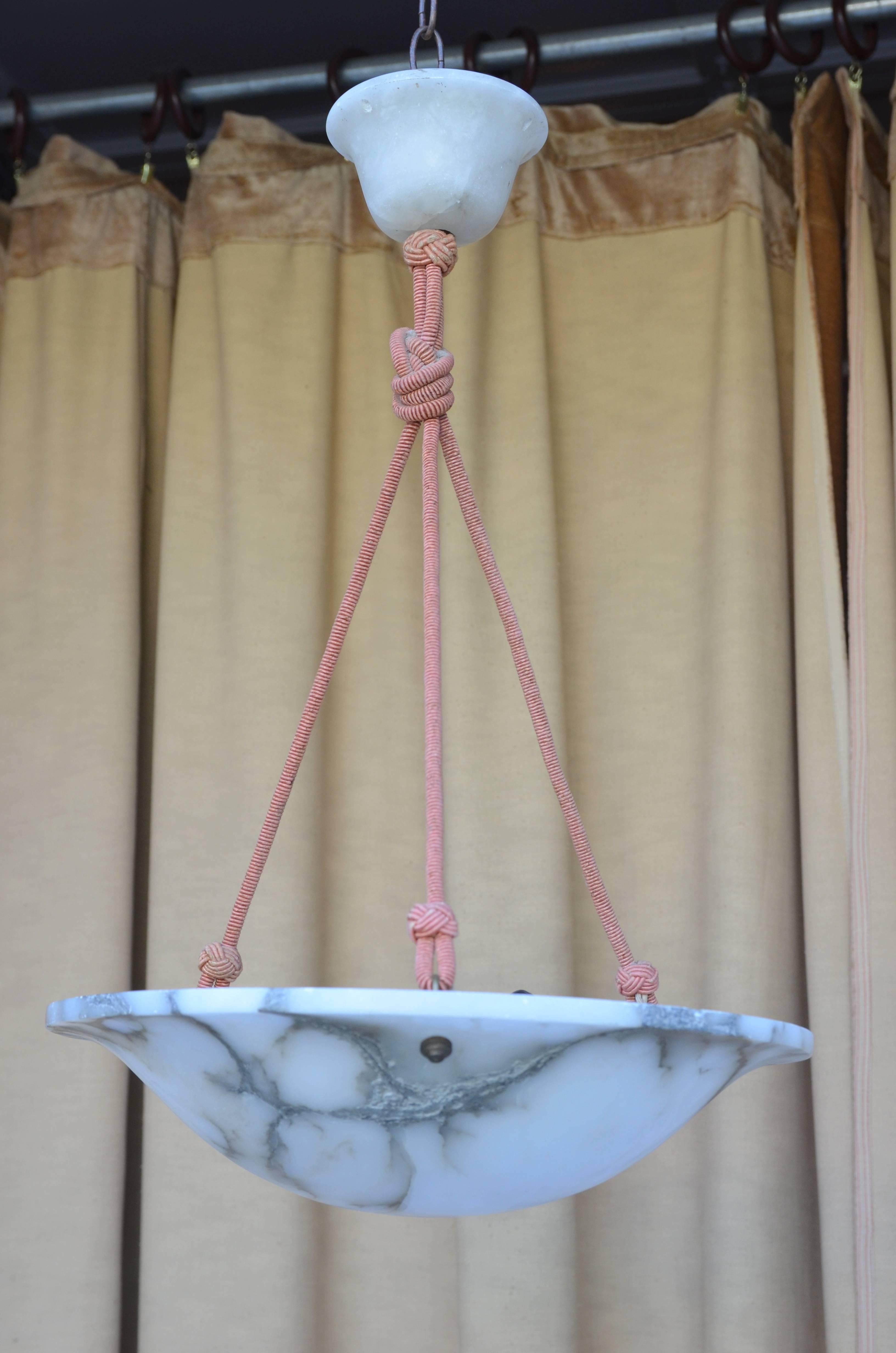 Chic Carved French Art Deco Alabaster Hanging Light 4