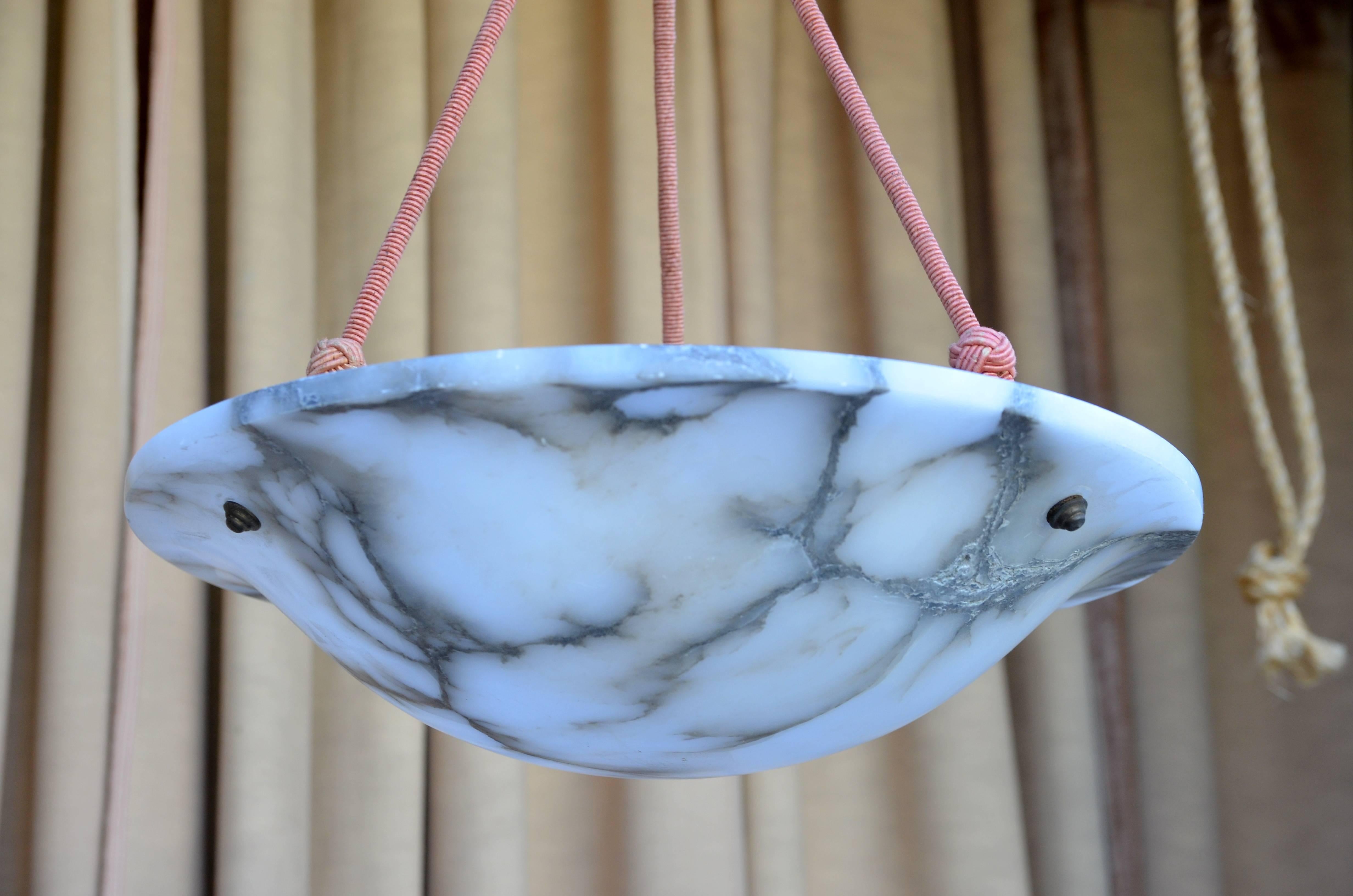 Early 20th Century Chic Carved French Art Deco Alabaster Hanging Light