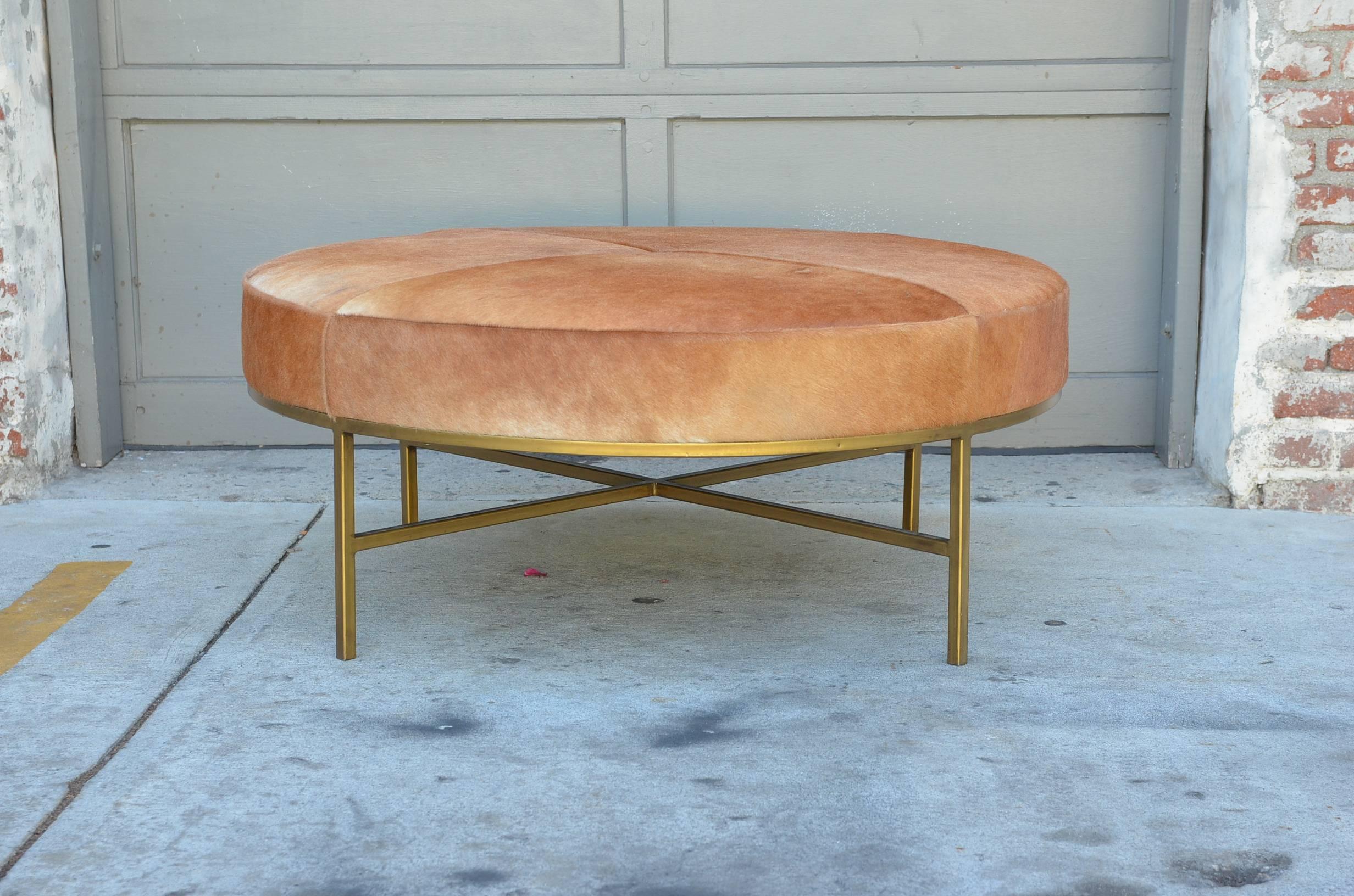 Patinated 'Tambour' Natural Hide and Brass Ottoman by Design Frères