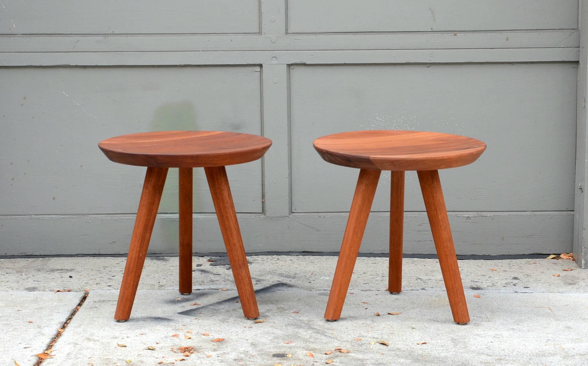 20th Century Pair of Sturdy Tripod Carved Wood Stools in the Style of Charlotte Perriand