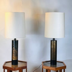 Pair of Impressive Etched Brass & Bronze Cylinder Lamps by Laurel