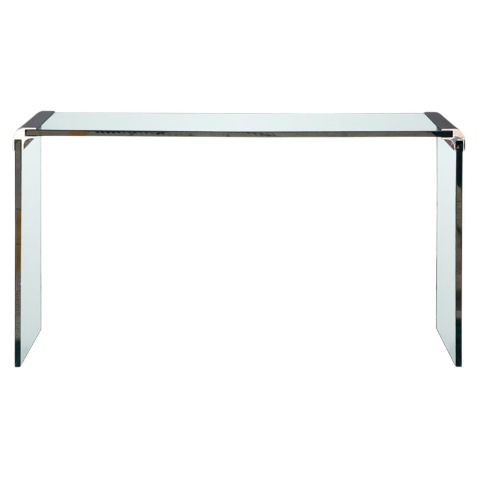 Consola con cristal grueso y soporte de bronce cromado, diseñada por Leon Rosen para Pace Collection