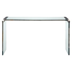 Consola con cristal grueso y soporte de bronce cromado, diseñada por Leon Rosen para Pace Collection