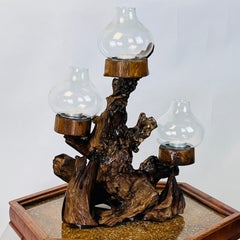 Large Varnished Driftwood and Hurricane Glass Candelabra