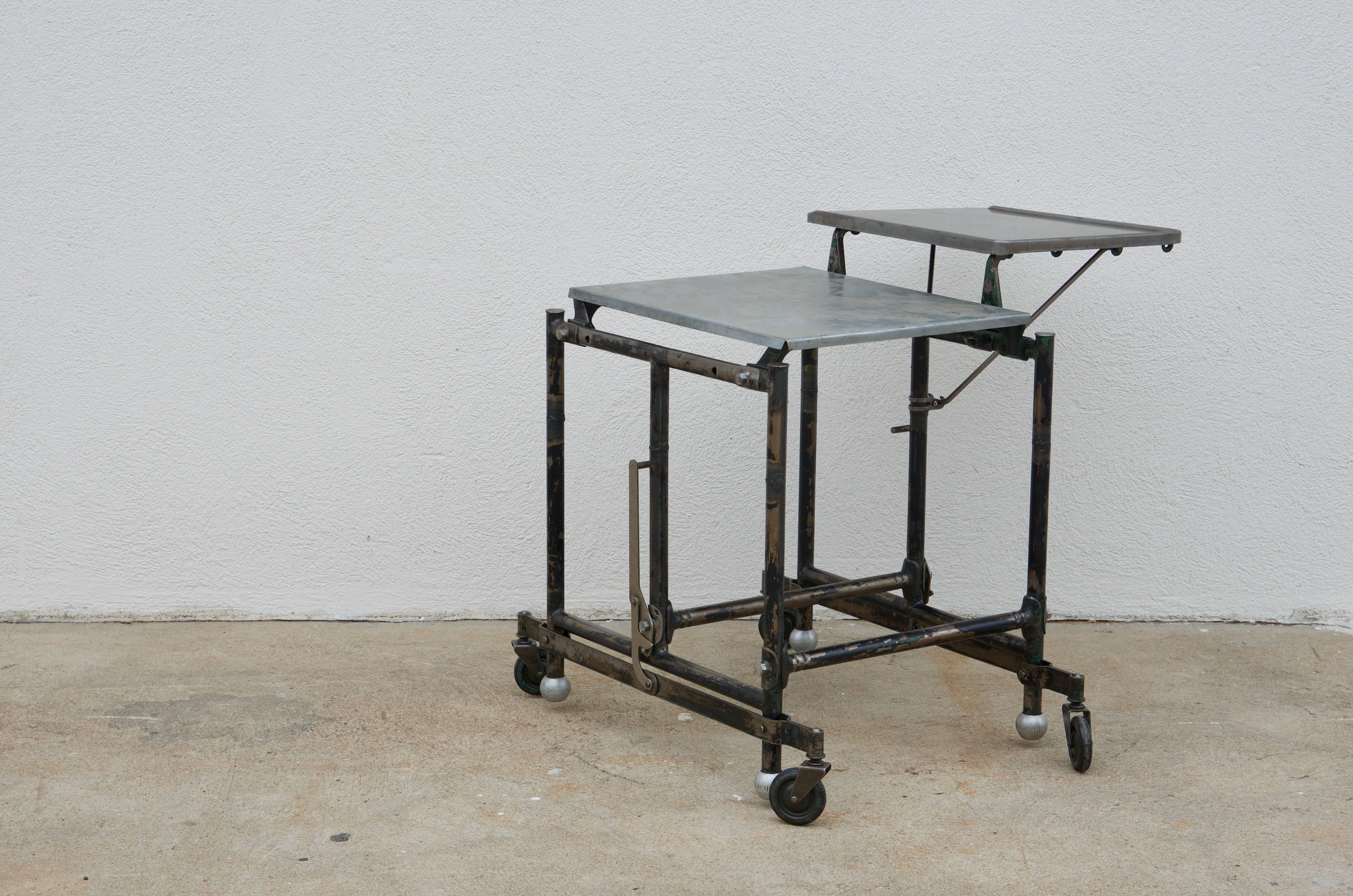 Mid-20th Century Patinated Steel and Zinc Industrial Rolling Side Table or Nightstand