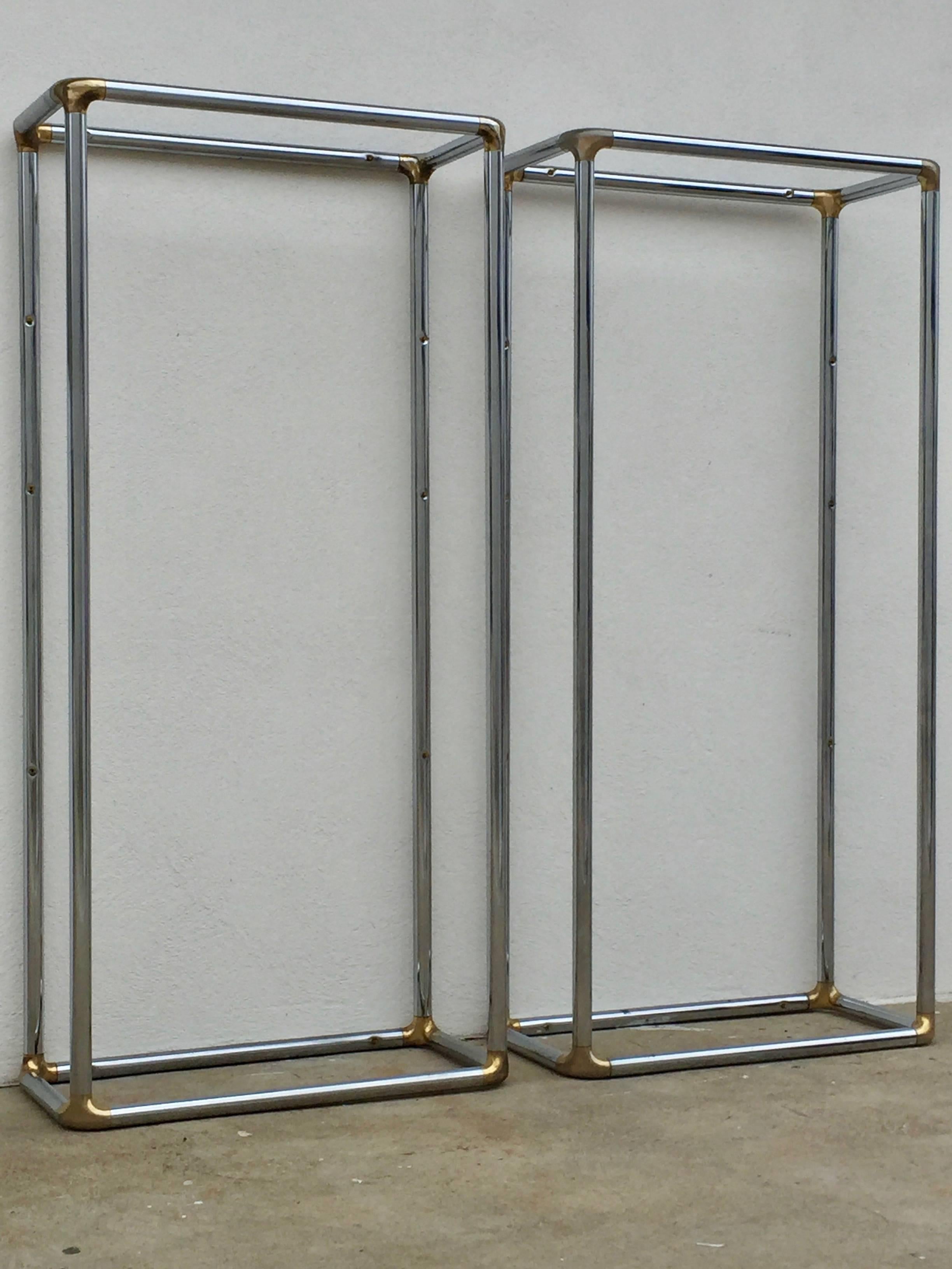 Pair of Tall 1970s Chrome and Brass Shelving Units or Vitrines 1