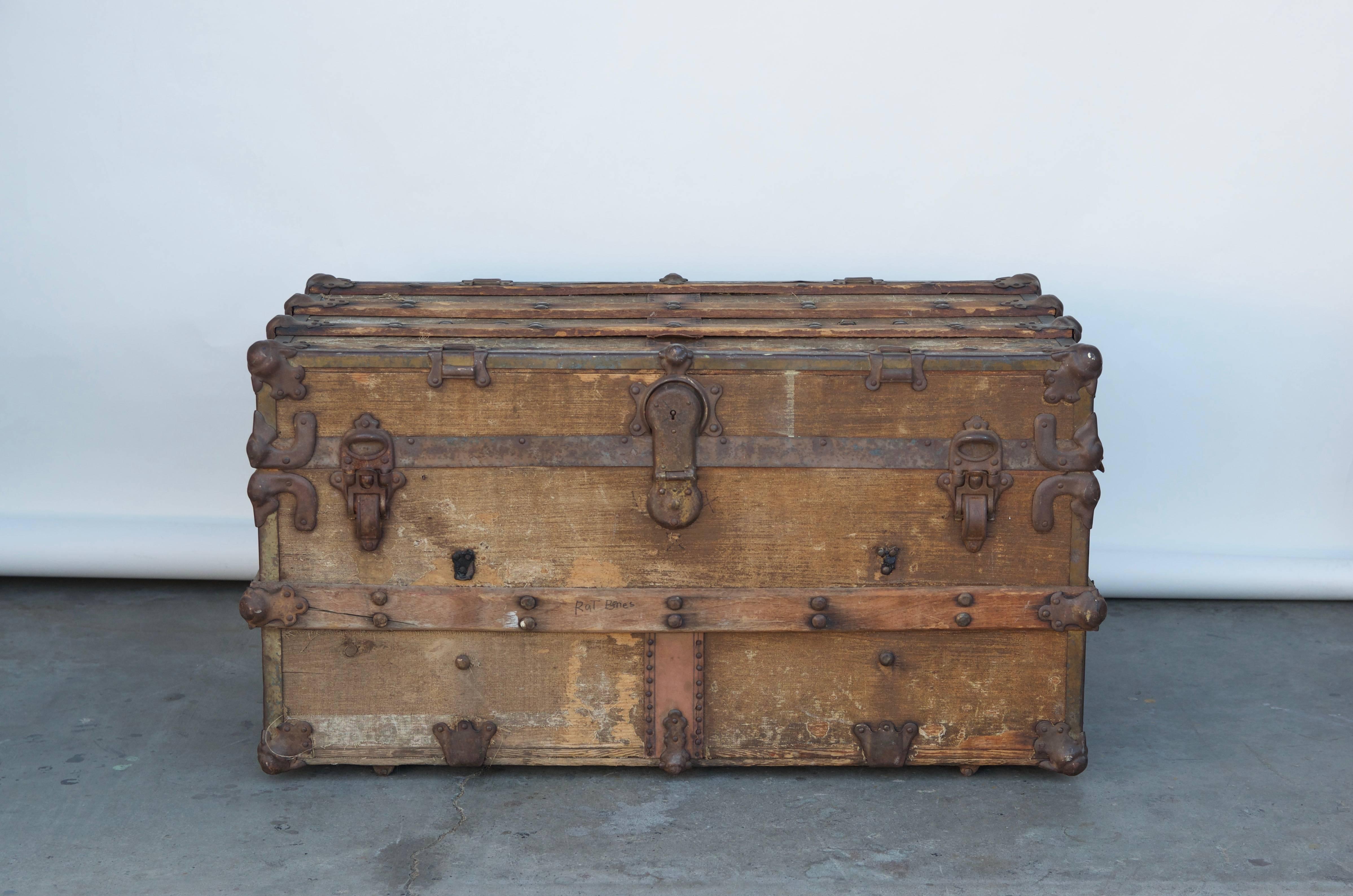Antique Weathered Leather and Steel Clad Trunk 1