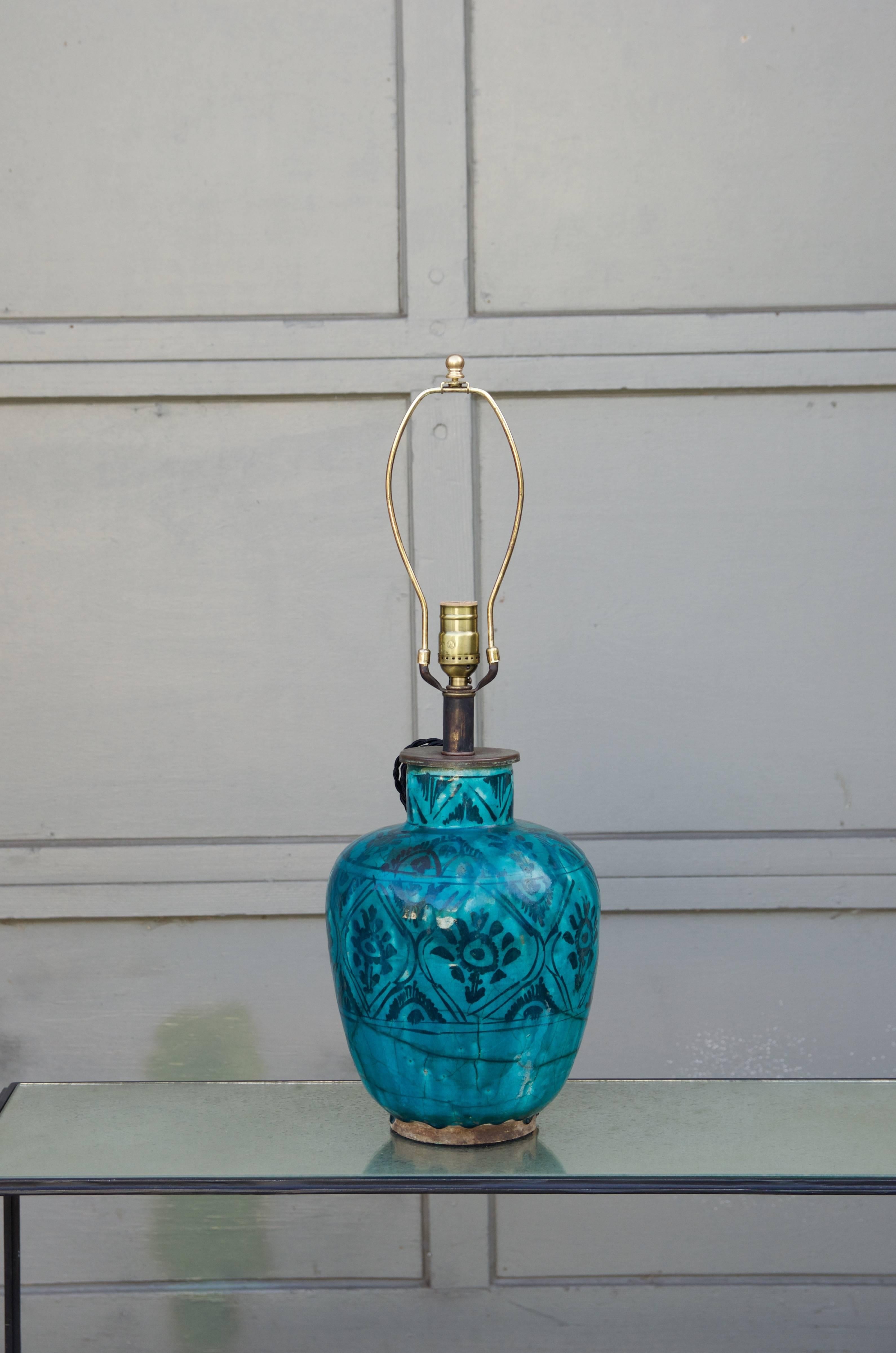 Antique Turquoise Glazed Ceramic Persian Table Lamp 2