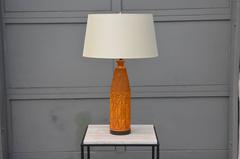 Chic Brutalist Ochre Ceramic Table Lamp with Custom Silk Shade