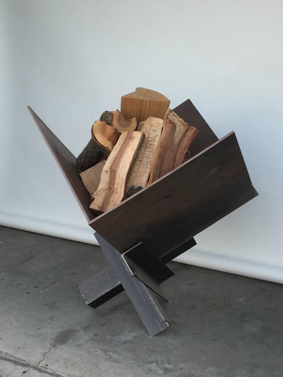 Large Patinated Steel Plate Brutalist Fire Pit Or Log Holder For
